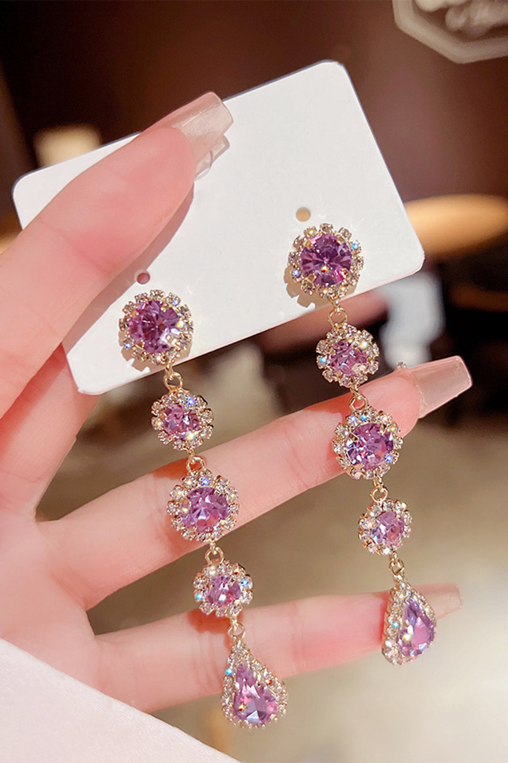Purple Sparkly Long Prom Drop Earrings with Rhinestones
