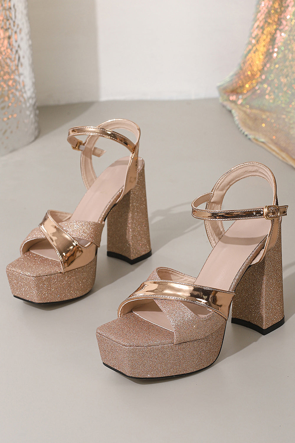 Chunky Open Toe Rose Golden Prom High Heels