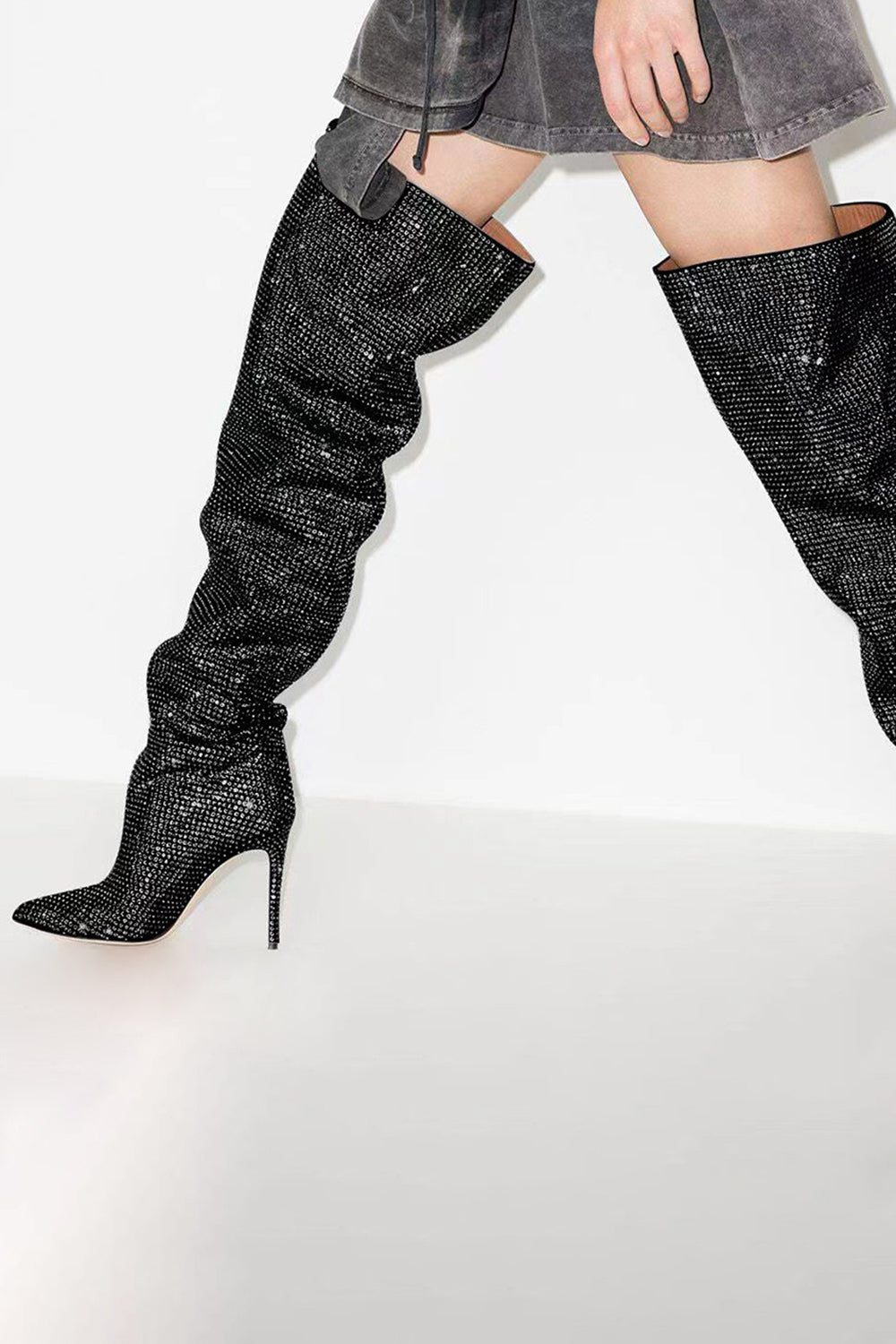 Silver Sparkly Sequin Stilettos Prom Thigh Boots