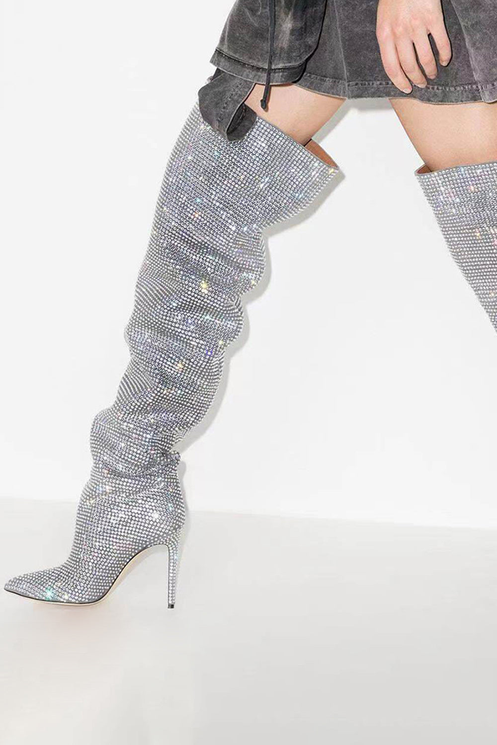 Silver Sparkly Sequin Stilettos Prom Thigh Boots