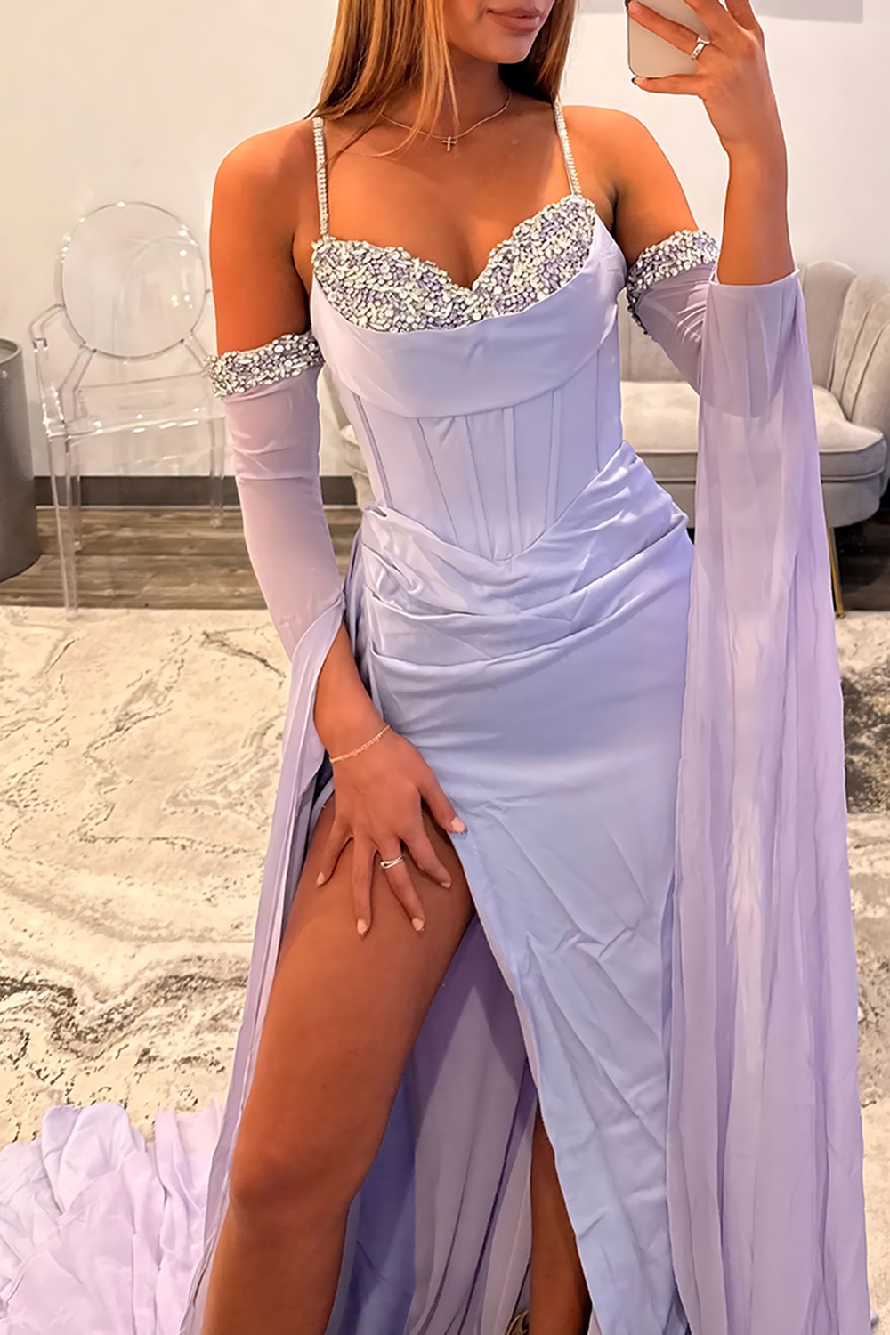 Sparkly Beaded Lilac Corset Mermaid Long Prom Dress with Slit