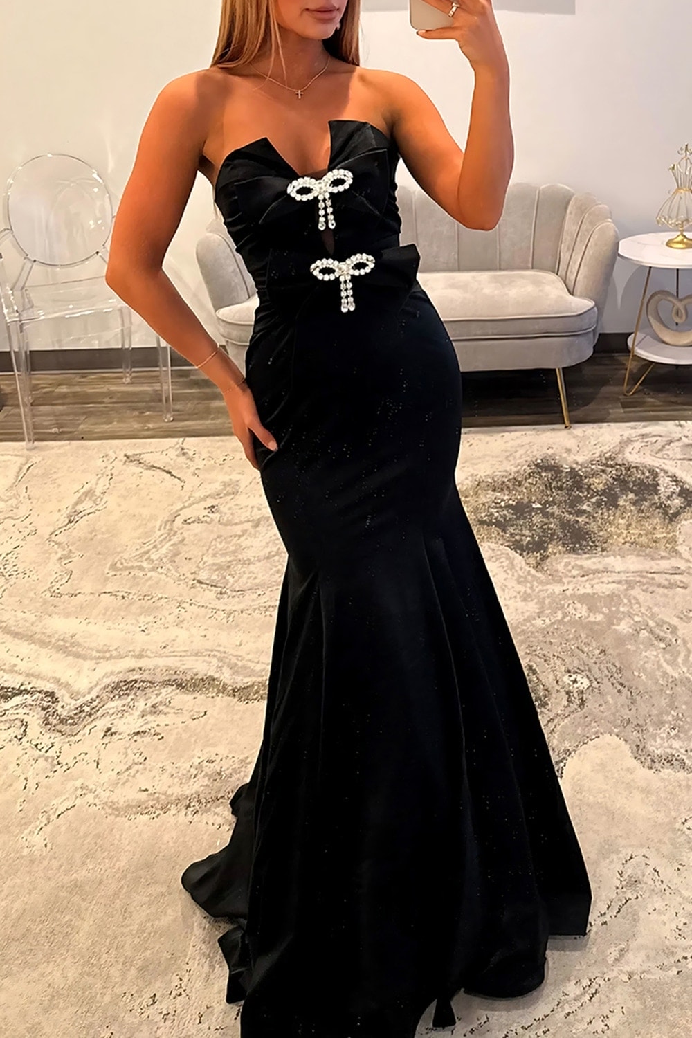 Sparkly Black Strapless Mermaid Long Prom Dress with Rhinestones