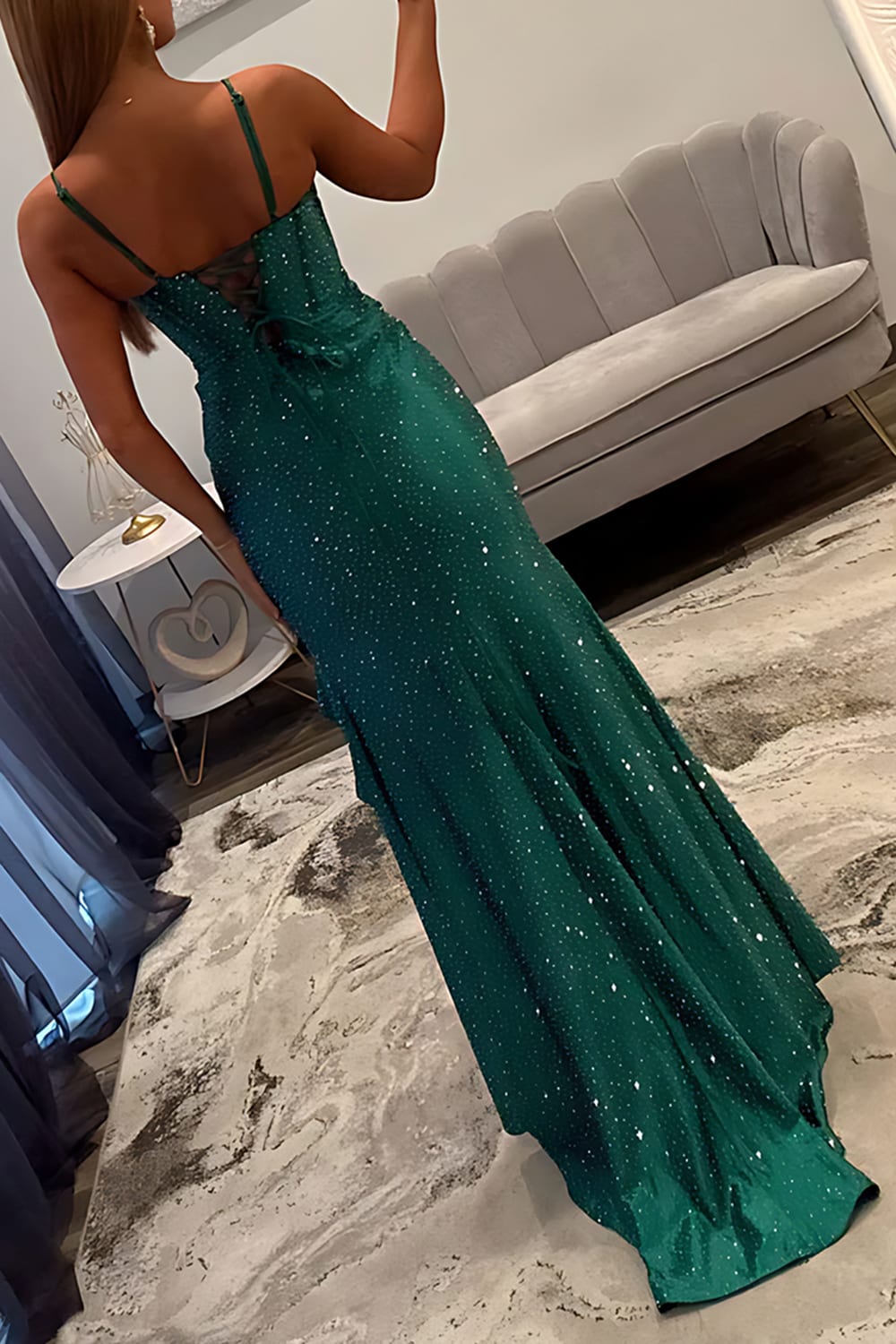 Sparkly Emerald Green Beaded Corset Ruffled Long Prom Dress with Slit
