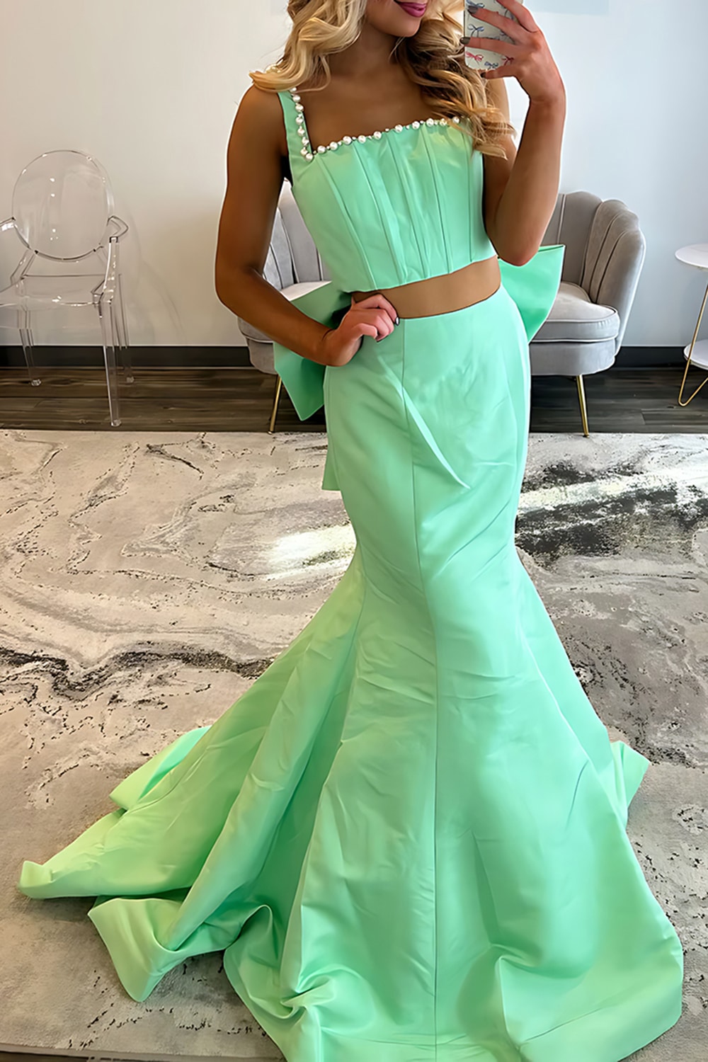 Sparkly Green Mermaid Corset 2 Piece Long Prom Dress with Pearls