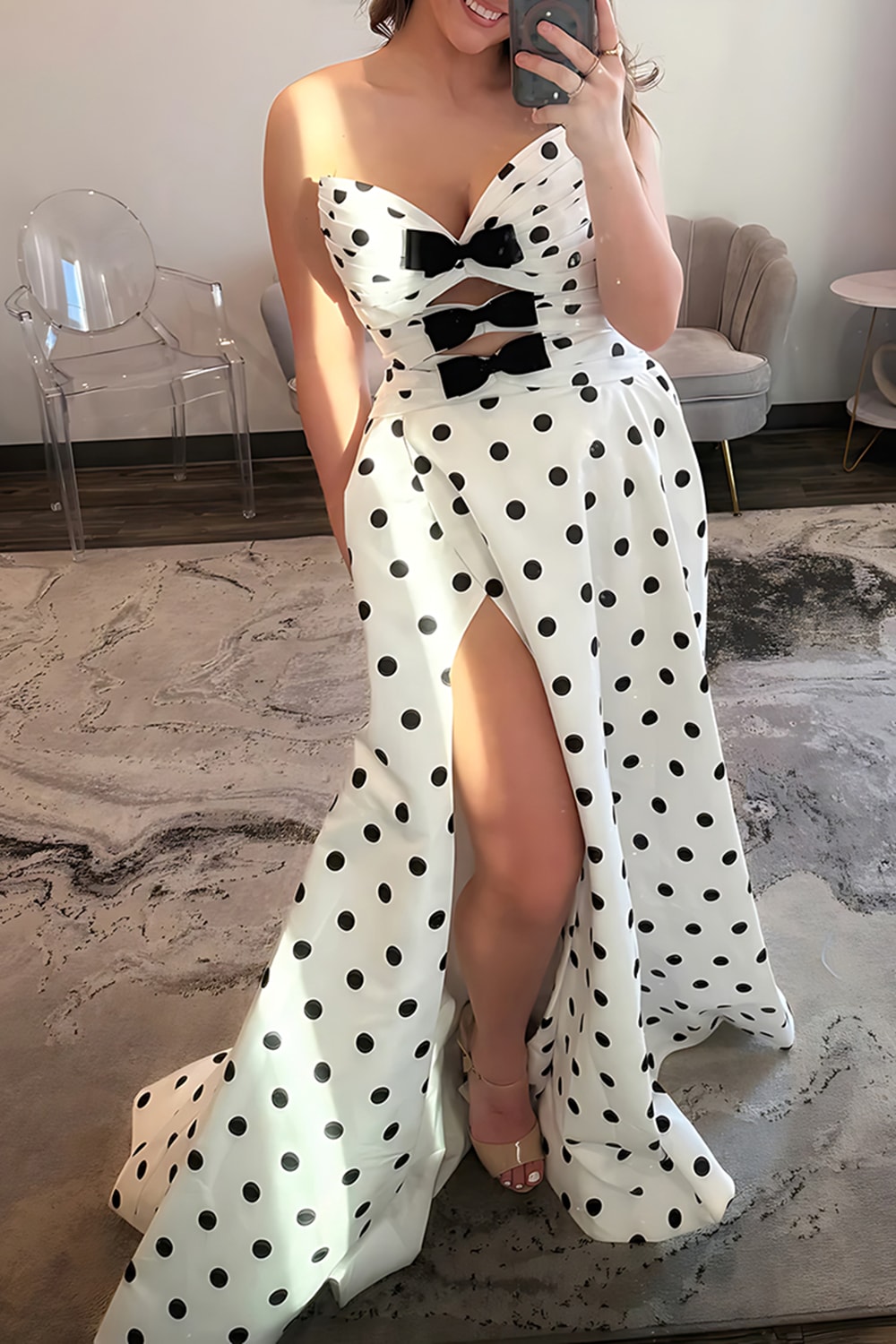 White Black Strapless Polka Dots Cut Out Long Prom Dress with Bows