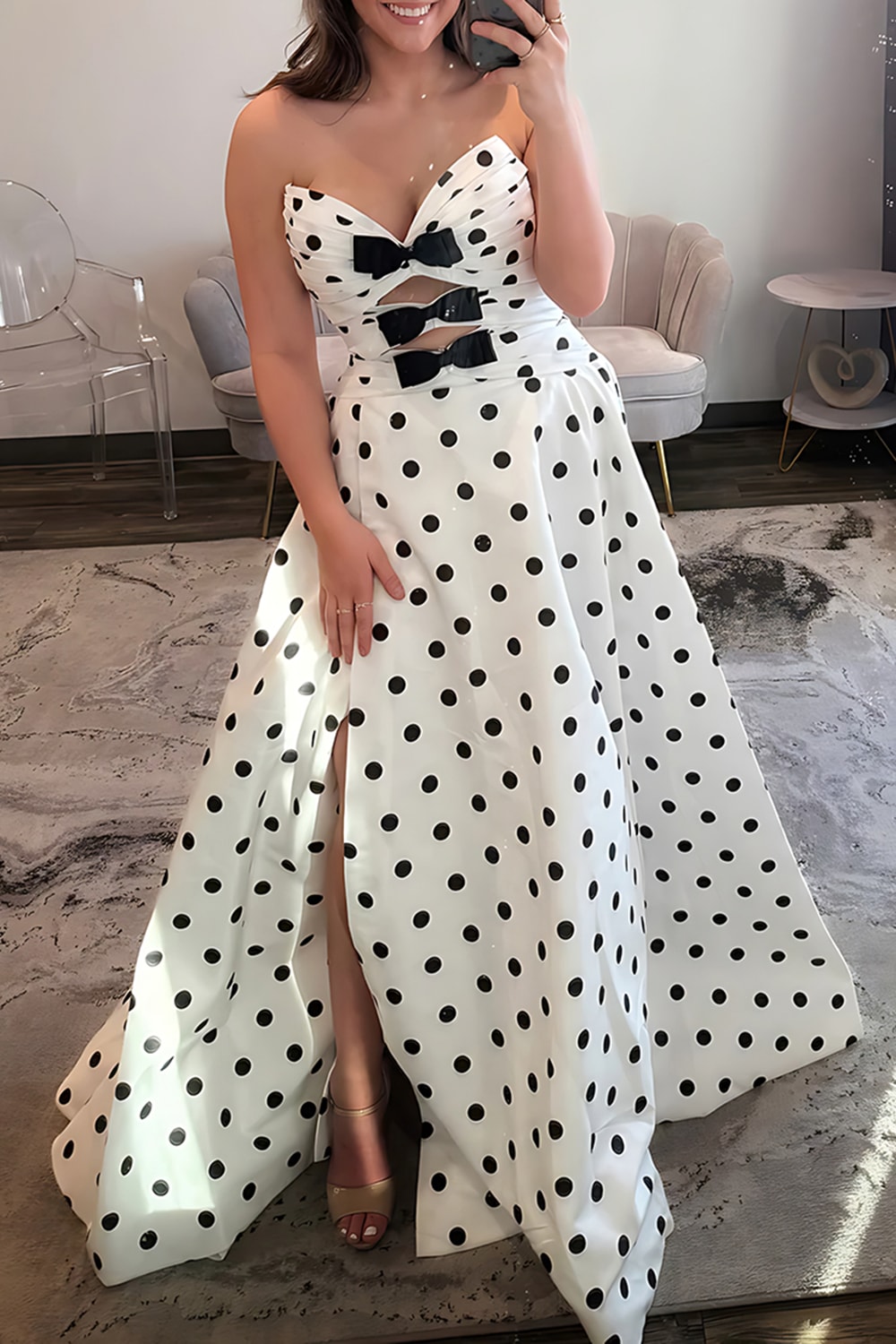 White Black Strapless Polka Dots Cut Out Long Prom Dress with Bows