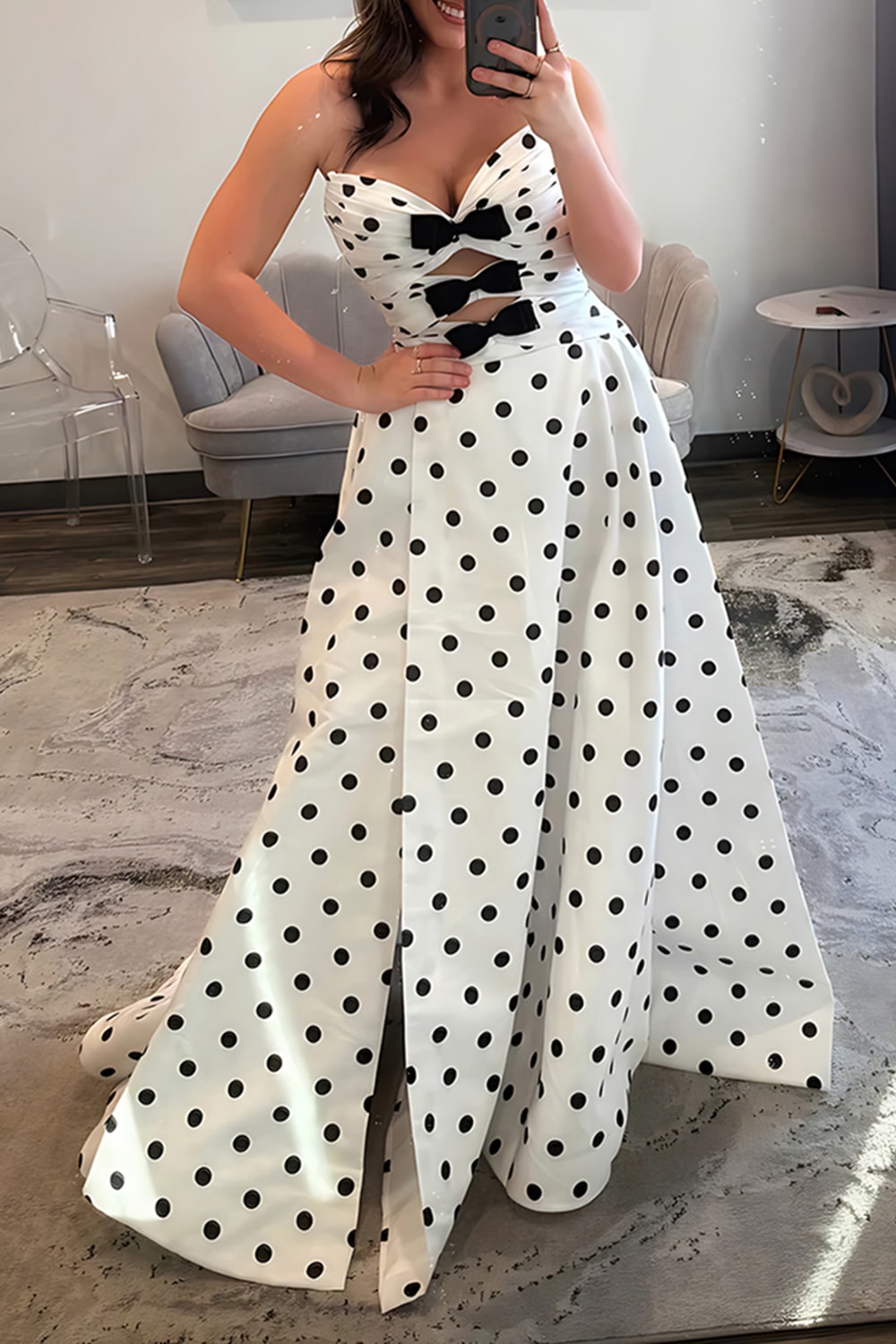 White Black Strapless Polka Dots Cut Out Long Prom Dress with Bows
