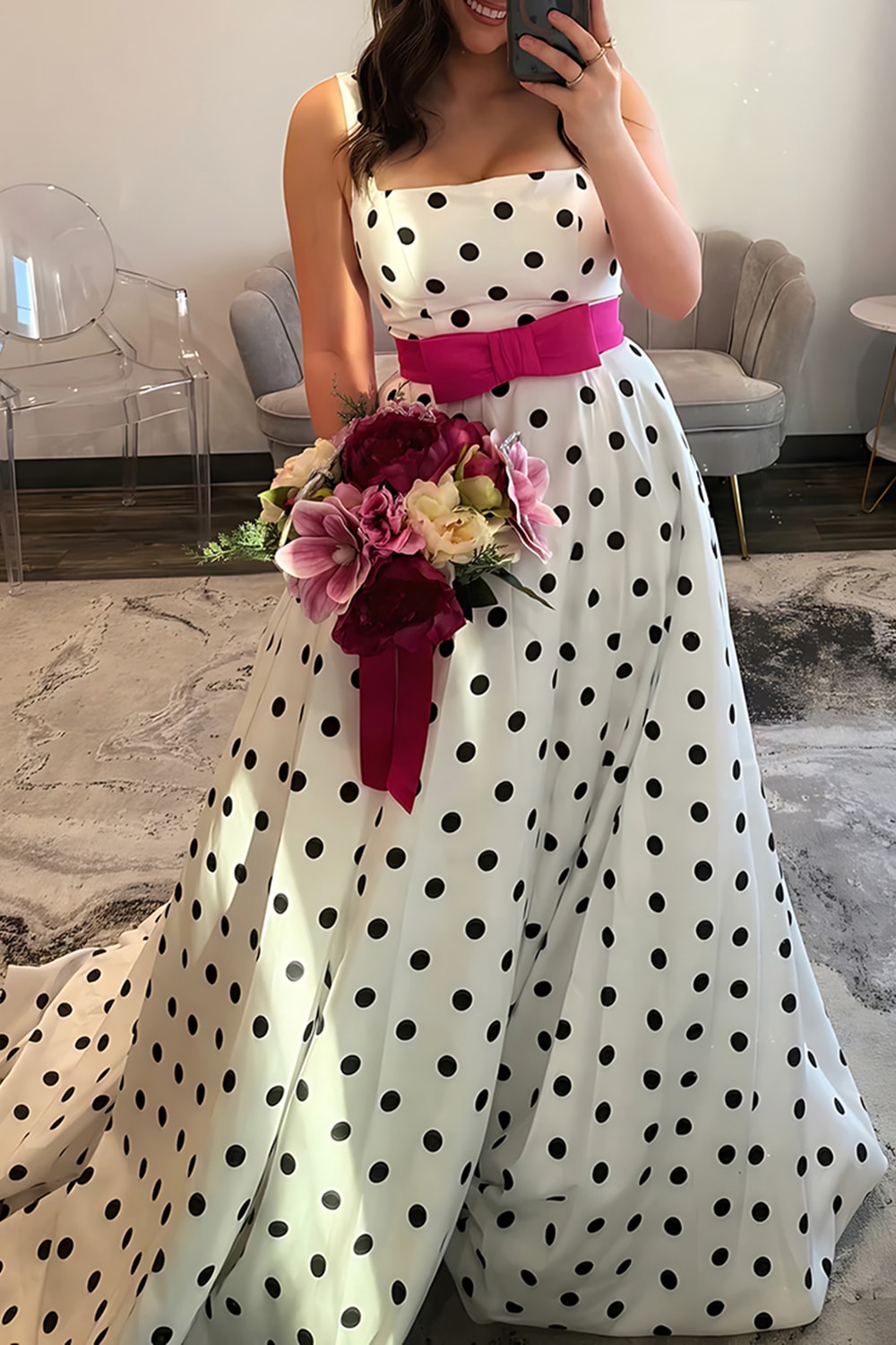White Black Square Neck Polka Dots A Line Long Prom Dress with Bow