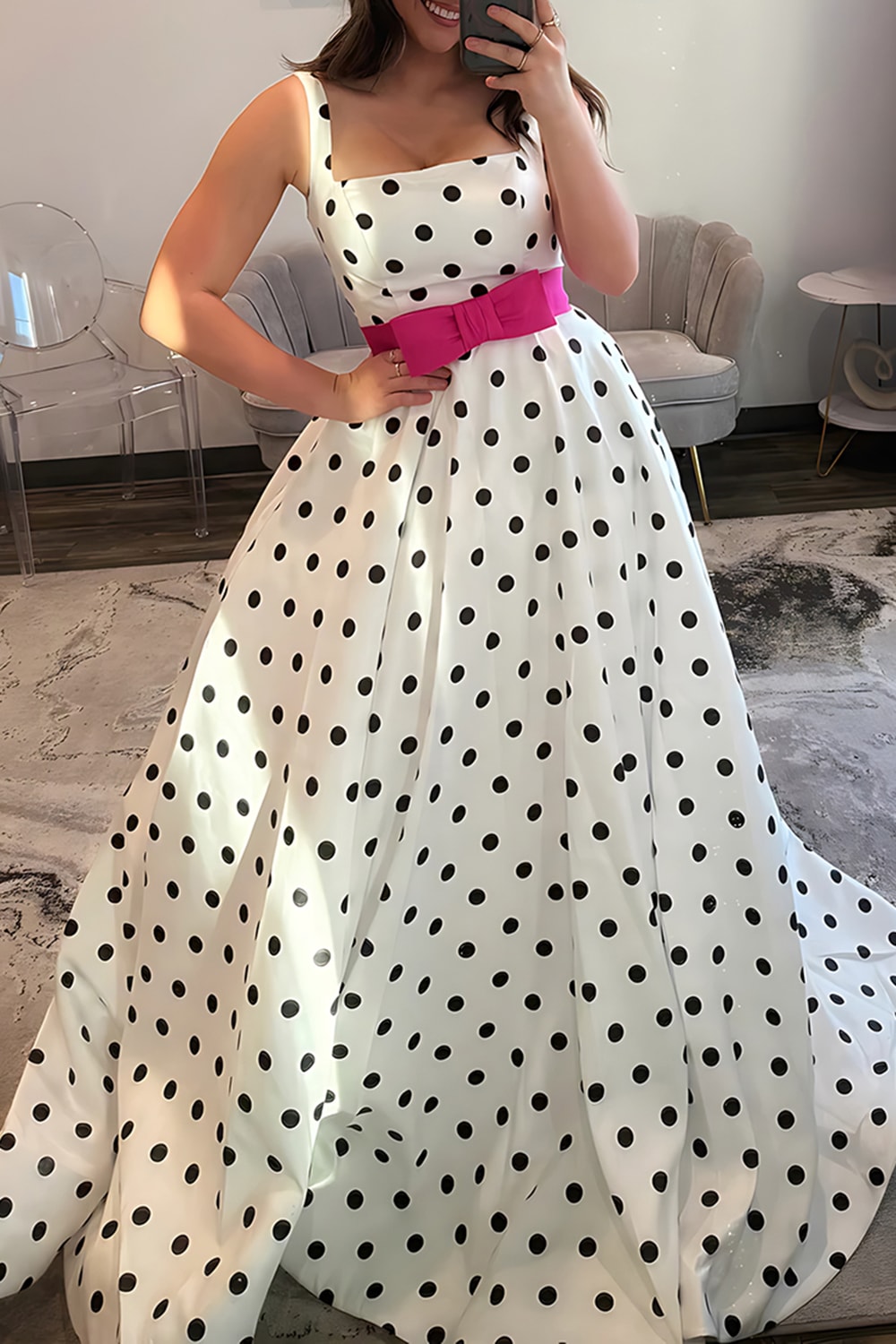 White Black Square Neck Polka Dots A Line Long Prom Dress with Bow