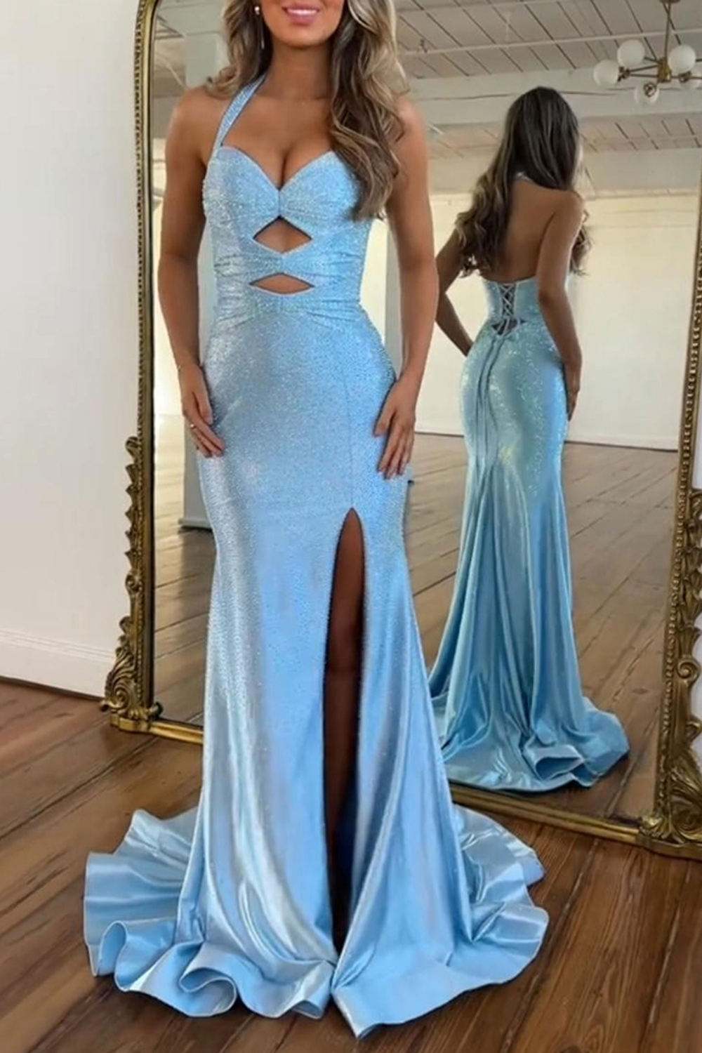 Sparkly Peacock Green Mermaid Beaded Keyhole Long Prom Dress with Slit