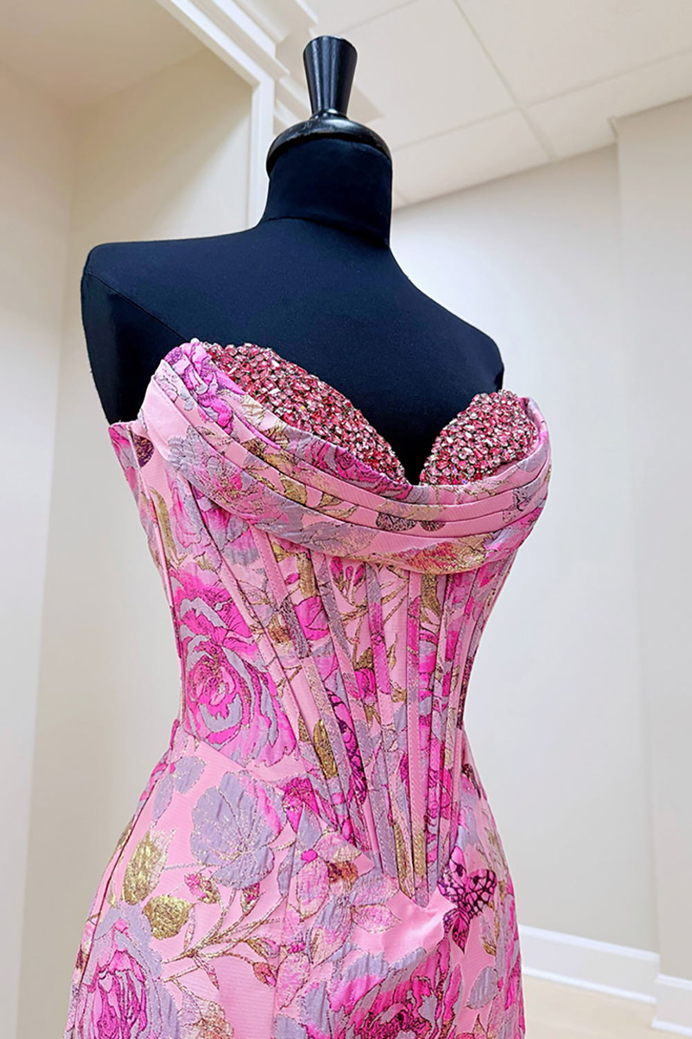 Sparkly Blush Jacquard Corset Mermaid Long Prom Dress with Slit