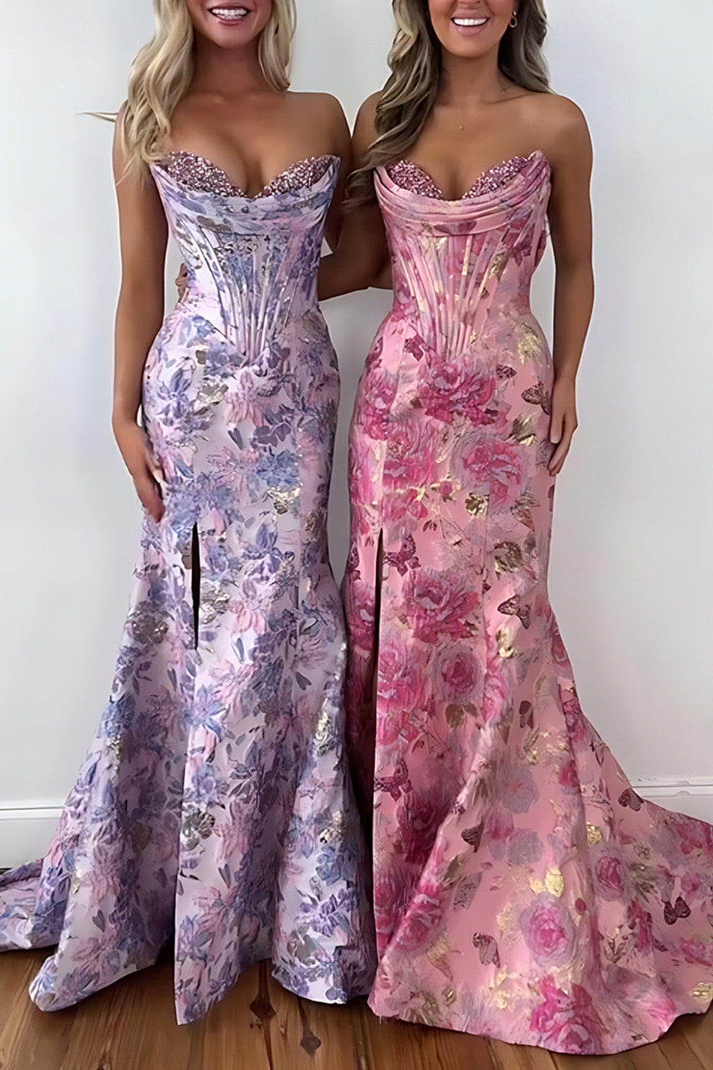 Sparkly Blush Floral Corset Mermaid Long Prom Dress with Slit