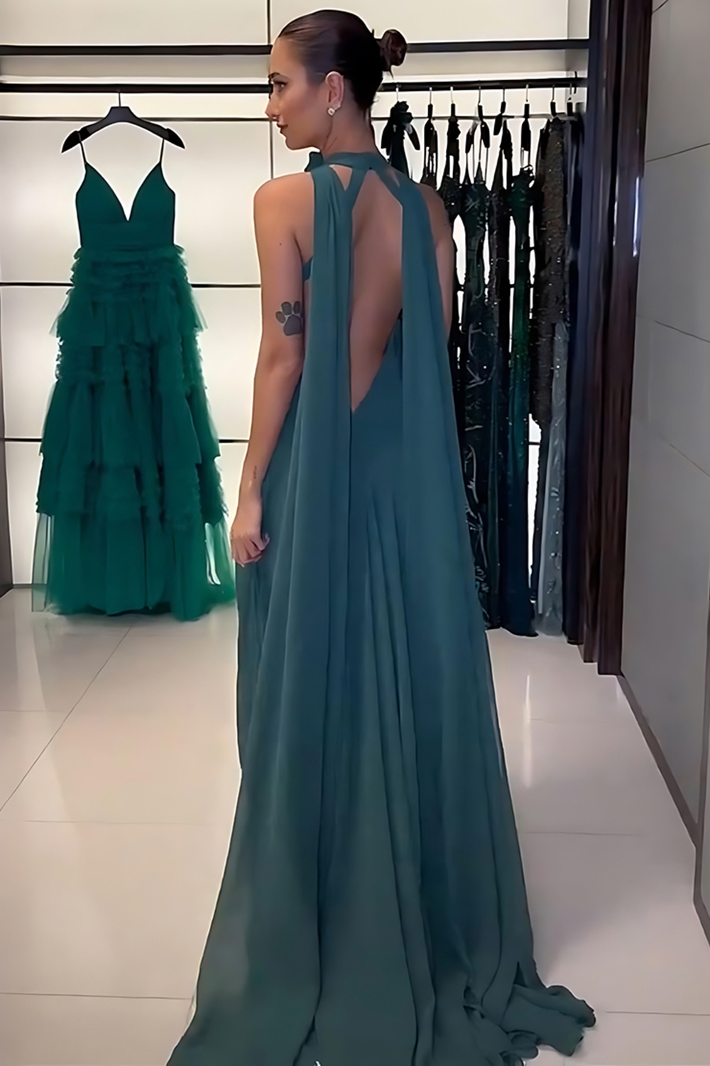 Floral Peacock Green Halter Sheath Long Prom Dress with Streamer