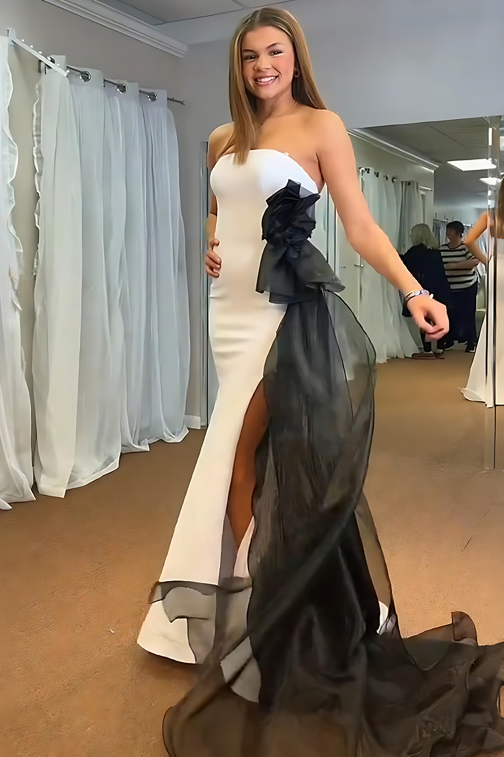 White Floral Mermaid Strapless Long Prom Dress with Side Cape