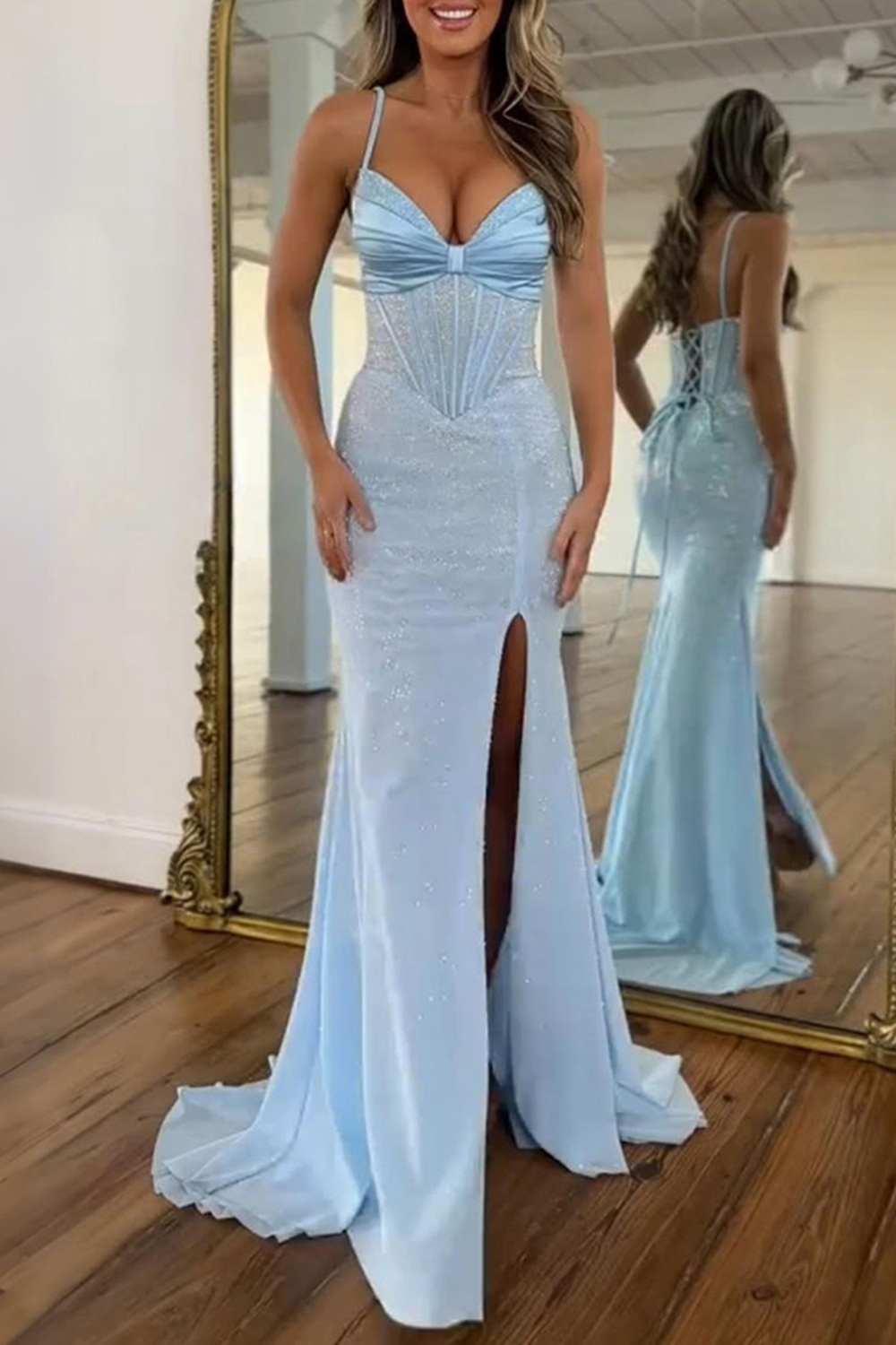Sparkly Blue Mermaid Corset Beaded Long Prom Dress with Slit