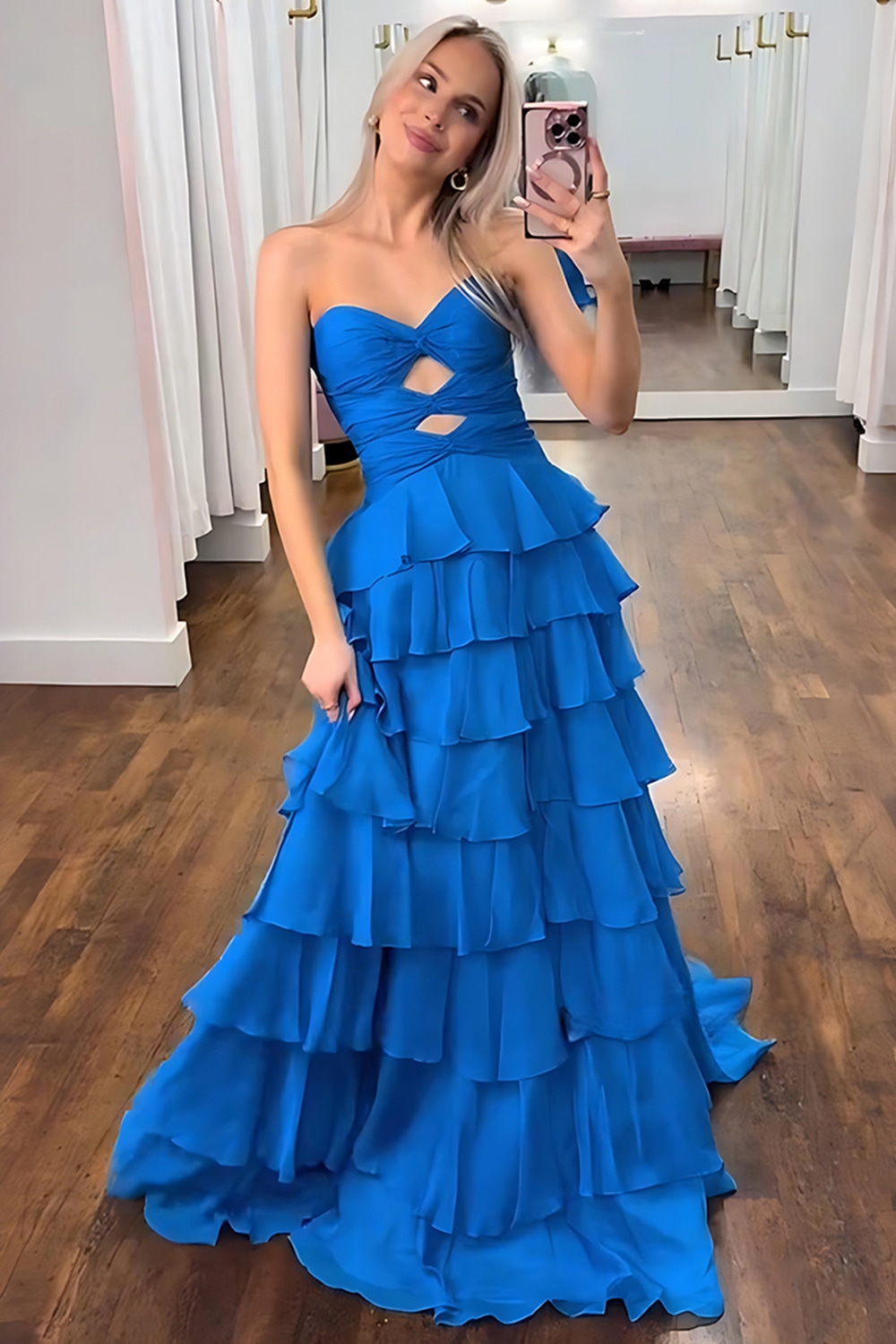 Dark Blue Sweetheart Cut Out Long Prom Dress with Ruffles