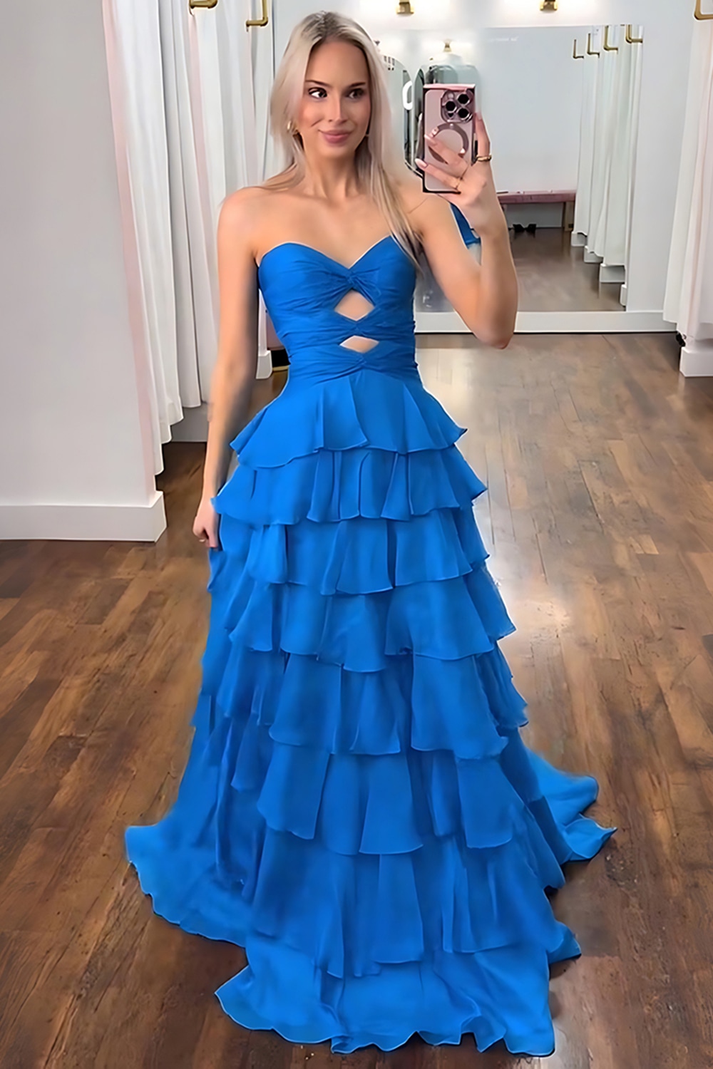 Dark Blue Sweetheart Cut Out Long Prom Dress with Ruffles