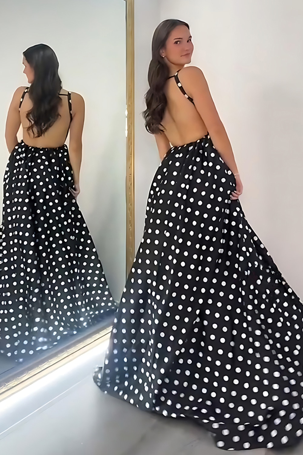 Black White Polka Dots Square Neck A Line Long Prom Dress
