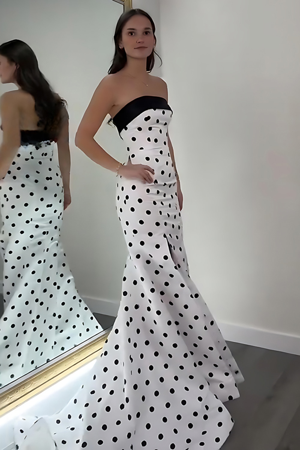 White Black Polka Dots Strapless Mermaid Long Prom Dress with Slit