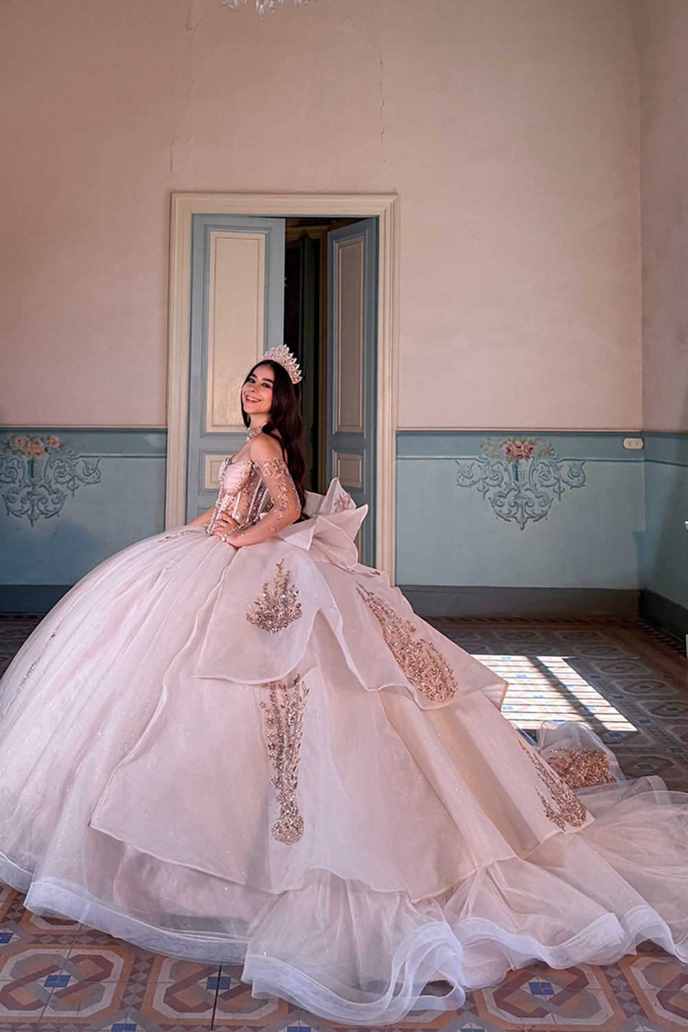 Sparkly Corset Blush Ball Gown Long Quinceanera Dress with Beading