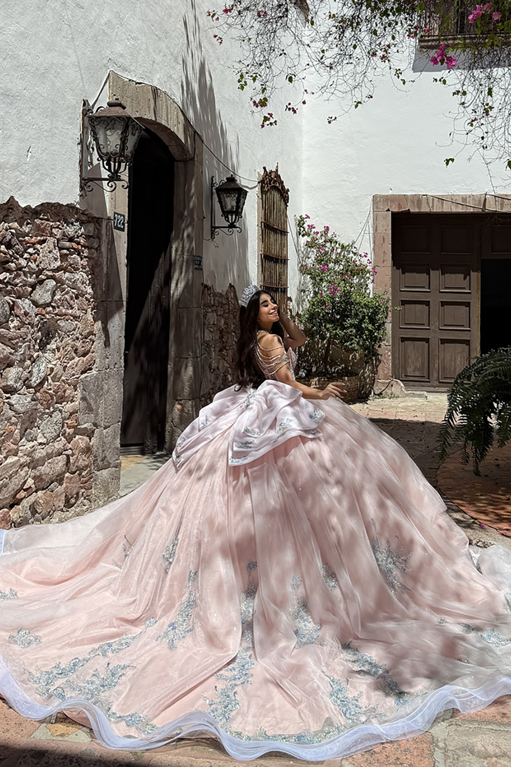 Sparkly Beaded Corset Tulle Blush Ball Gown Long Quinceanera Dress with Bows