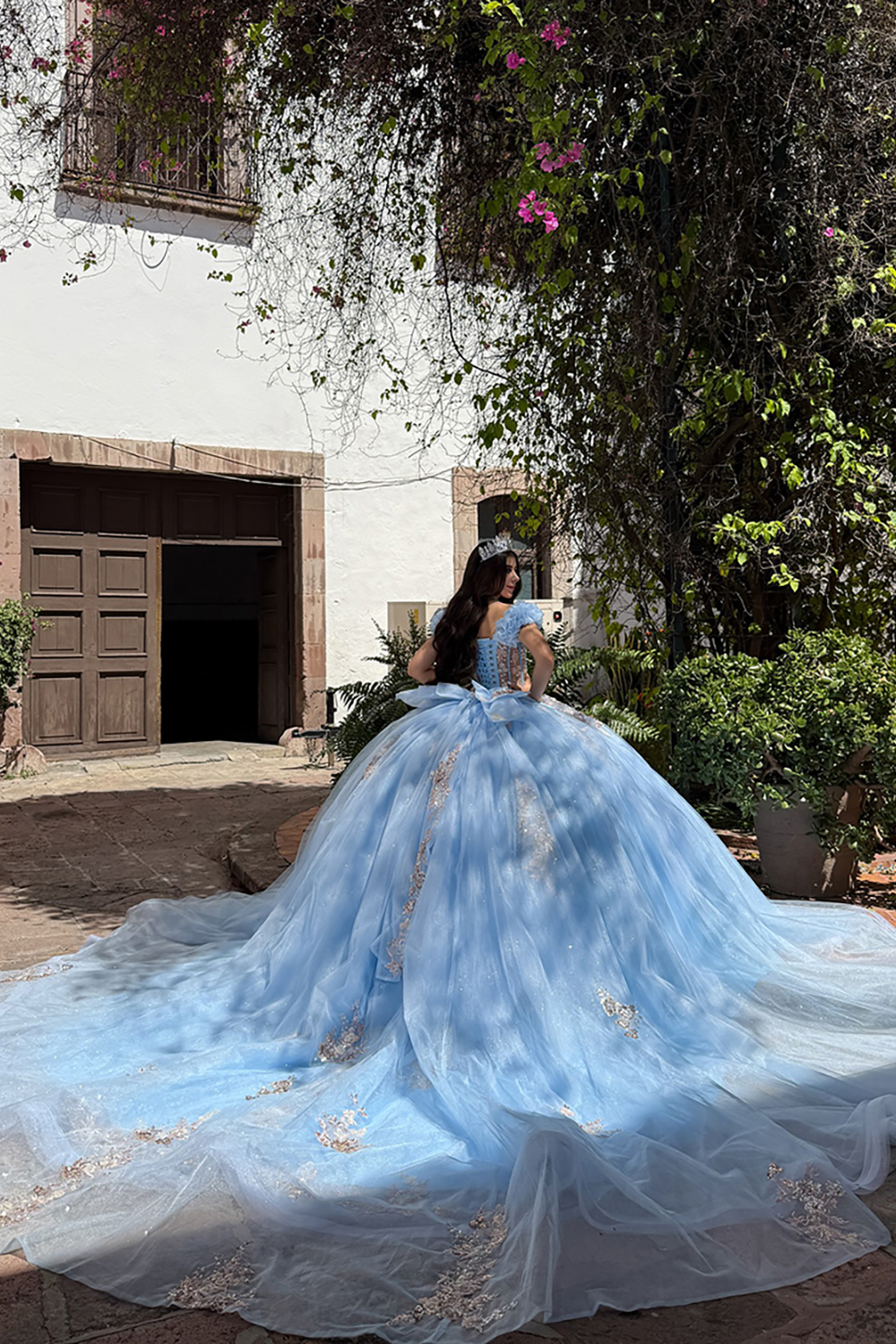 Sparkly Corset Beaded Blue Ball Gown Beaded Long Quinceanera Dress