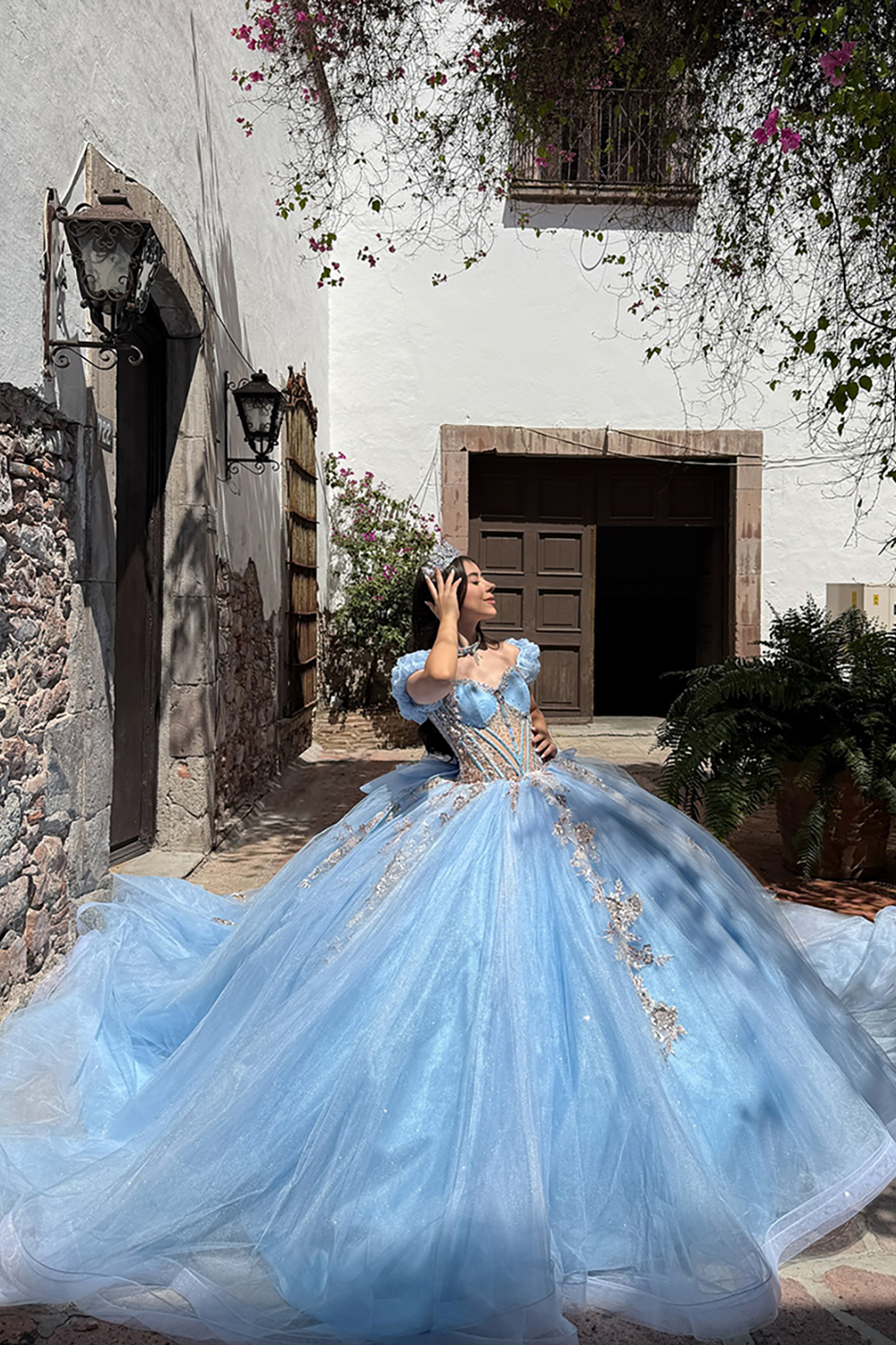 Sparkly Corset Beaded Blue Ball Gown Beaded Long Quinceanera Dress