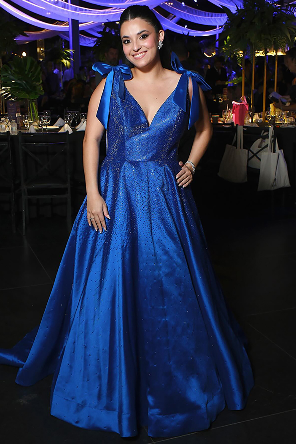 Sparkly Royal Blue Beaded Satin V-Neck Long Prom Dress with Bows