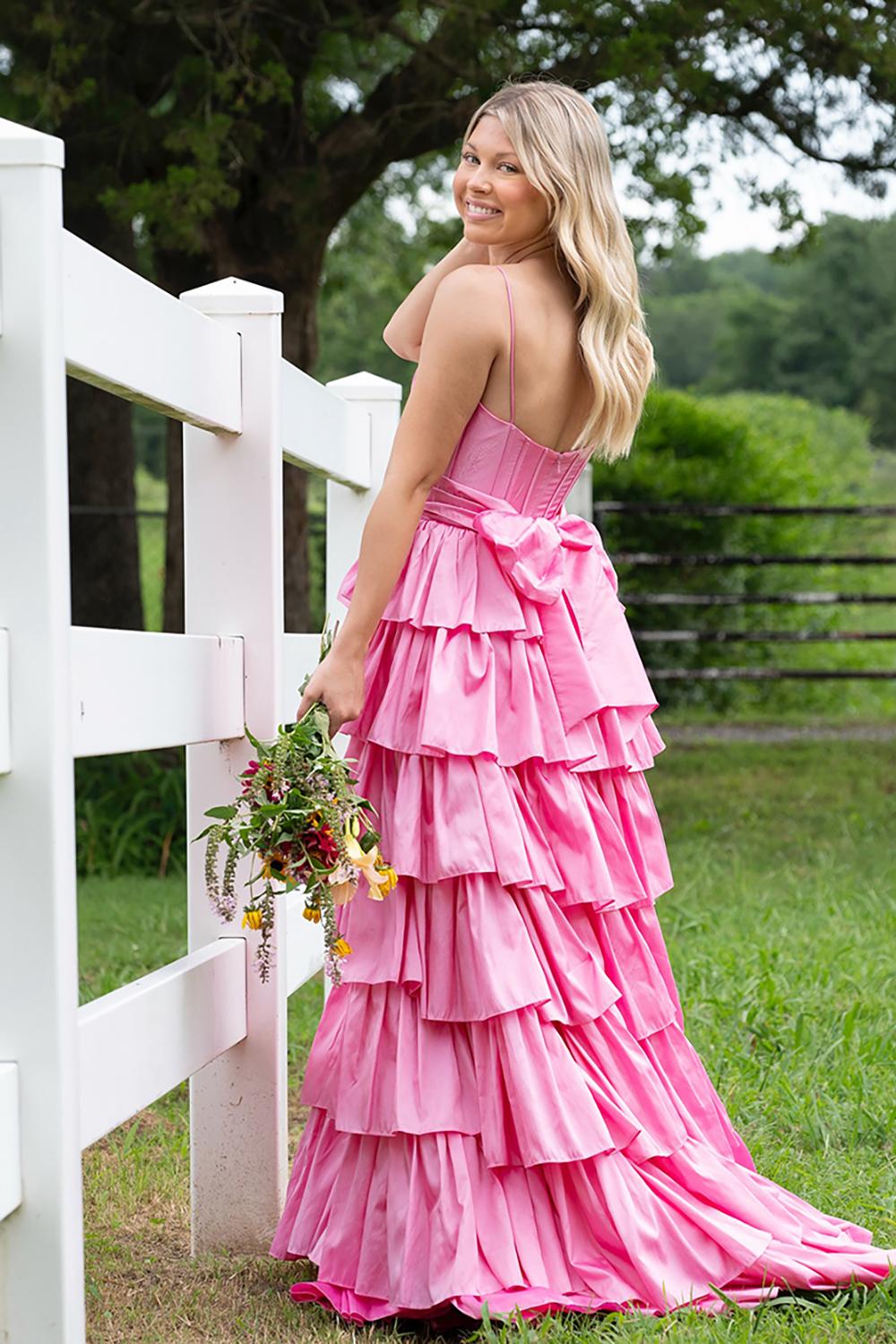 Ruffled Pink Corset A Line Long Prom Dress with Bow