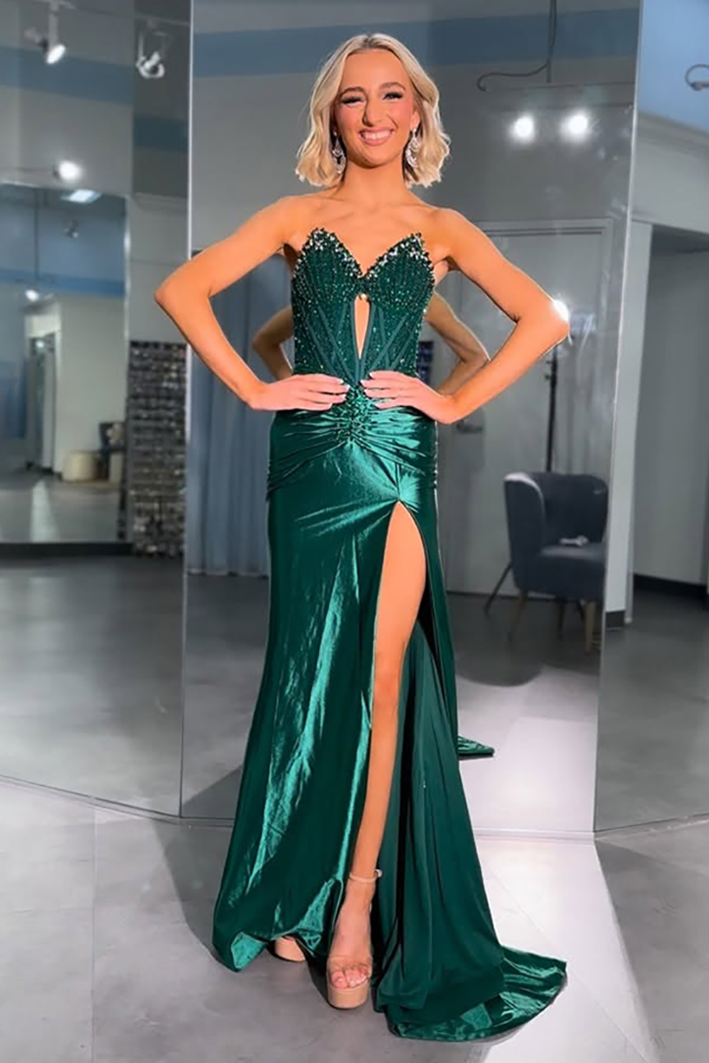 Sparkly Satin Green Strapless Corset Mermaid Long Prom Dress with Slit