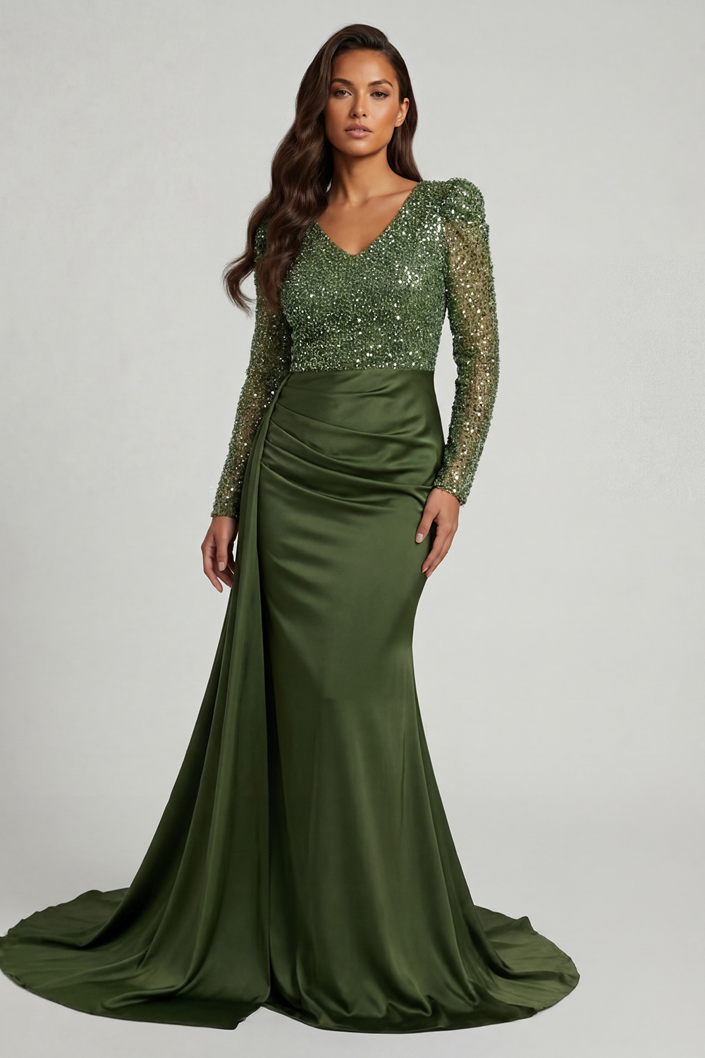 Sparkly Sage Satin Beaded Long Mother of the Bride Dress with Side Cape