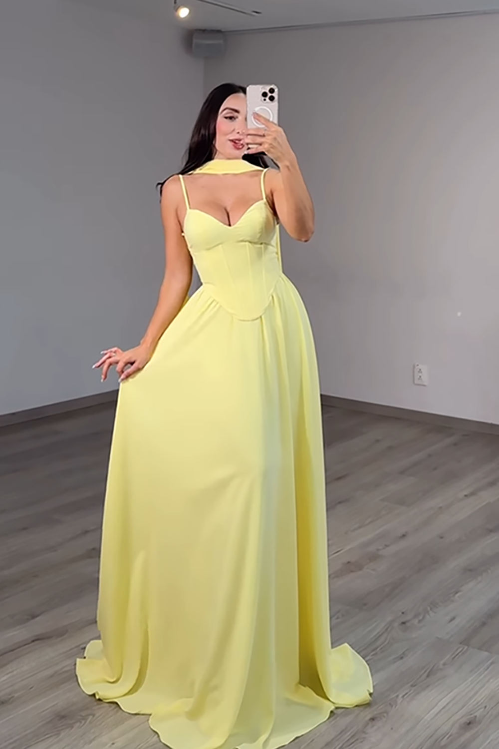 Blush Corset Neck Scarf Chiffon A Line Long Prom Dress