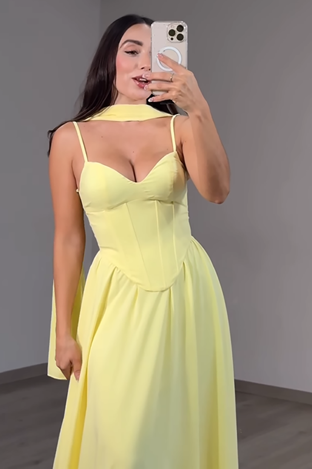 Blush Corset Neck Scarf Chiffon A Line Long Prom Dress