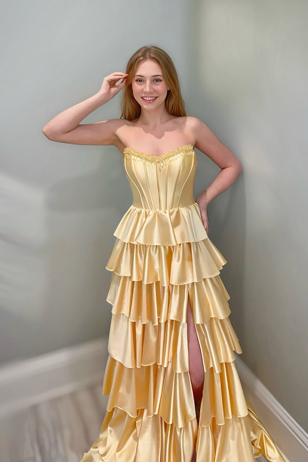 Sparkly Satin Corset Yellow Ruffled Long Prom Dress with Slit