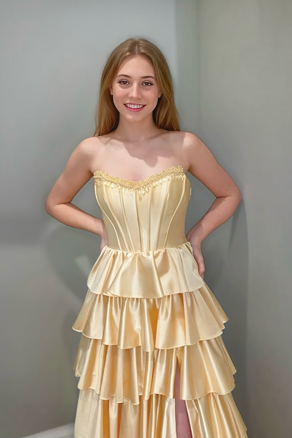 Sparkly Satin Corset Yellow Ruffled Long Prom Dress with Slit
