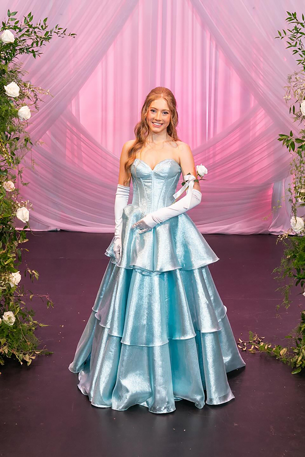 Glitter Satin Sky Blue Corset Ruffled Sweetheart Long Prom Dress