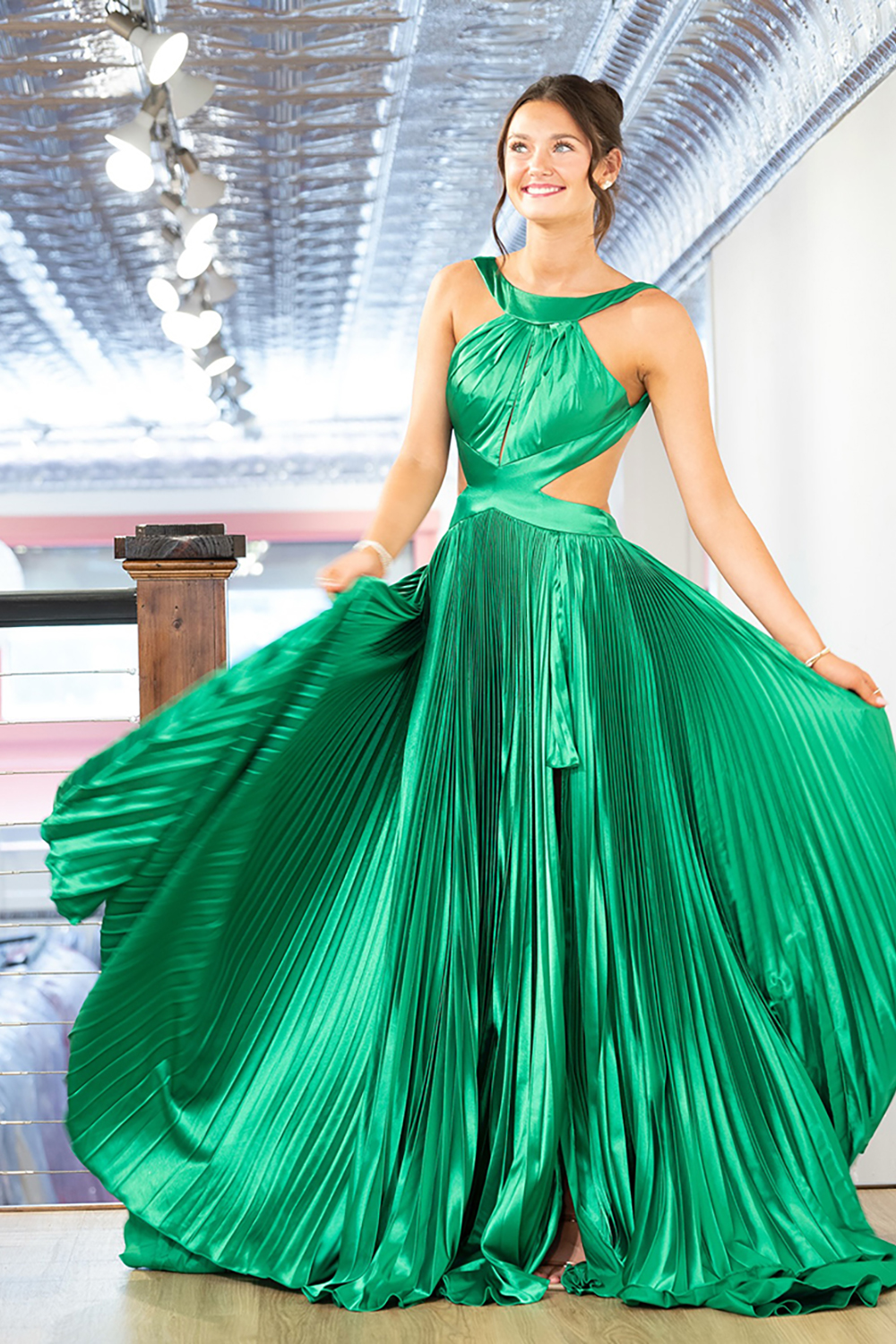 Green Satin Pleated Cut Out A Line Long Prom Dress with Slit