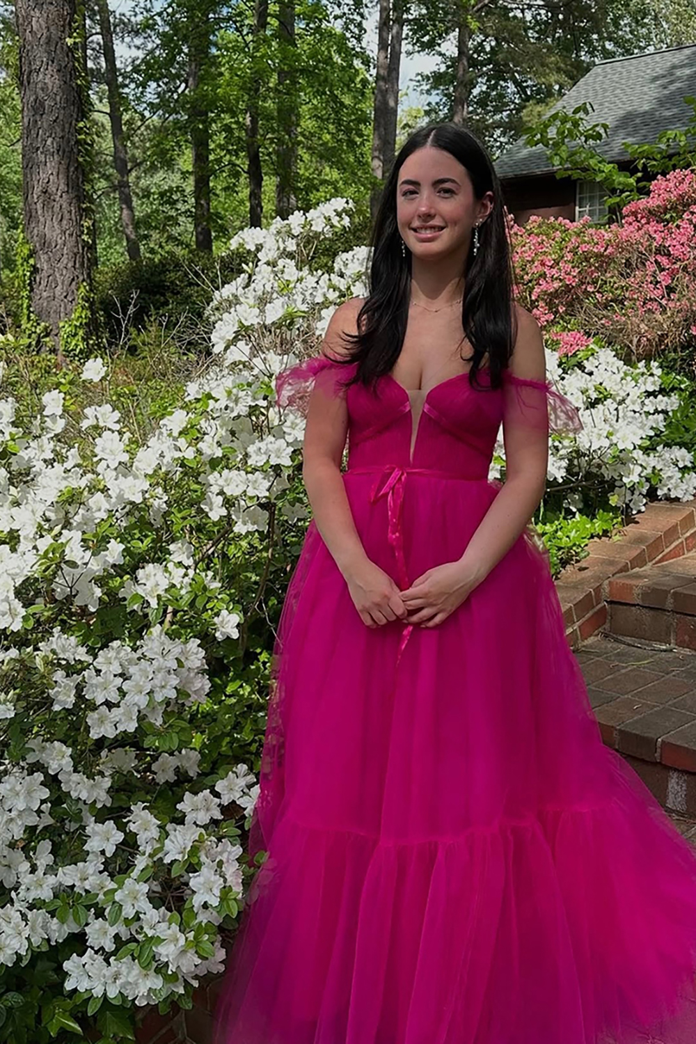 Off the Shoulder Fuchsia A Line Long Prom Dress