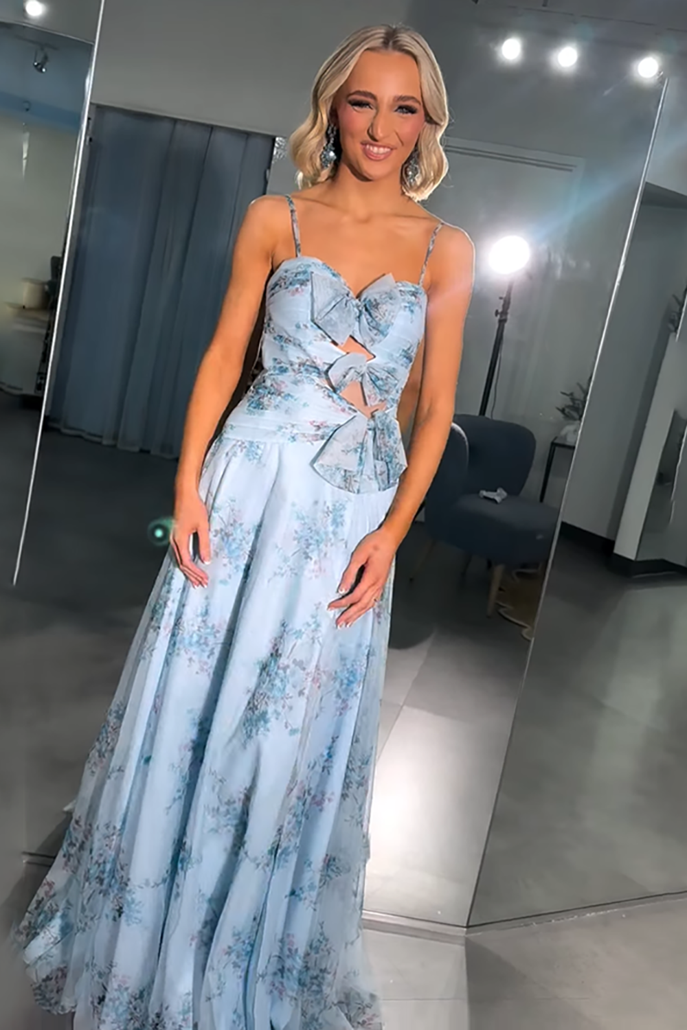 Blue Floral Cut Out A Line Long Prom Dress with Bows