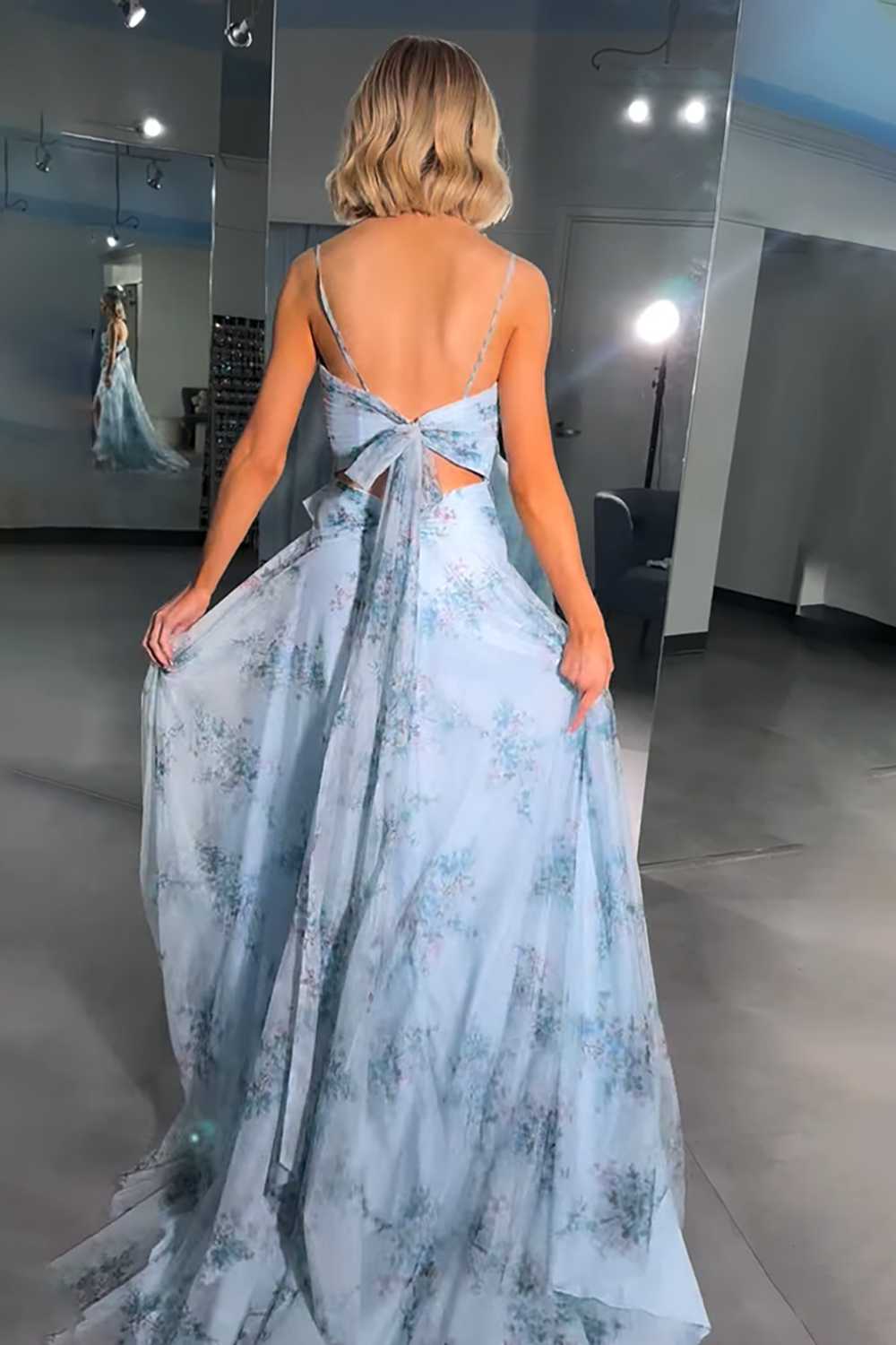 Blue Floral Cut Out A Line Long Prom Dress with Bows