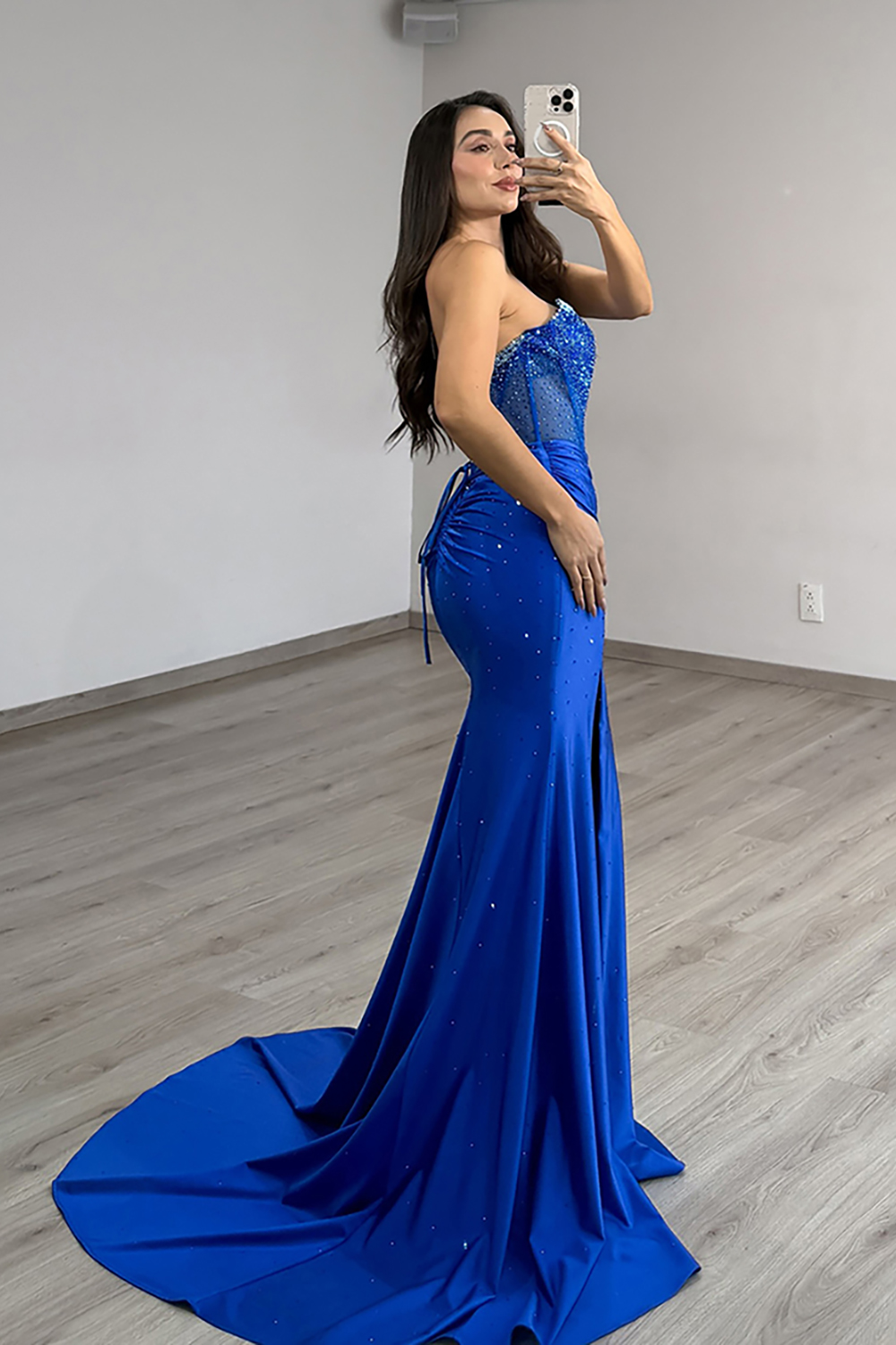 Sparkly Royal Blue Corset Satin Mermaid Beaded Long Prom Dress with Slit