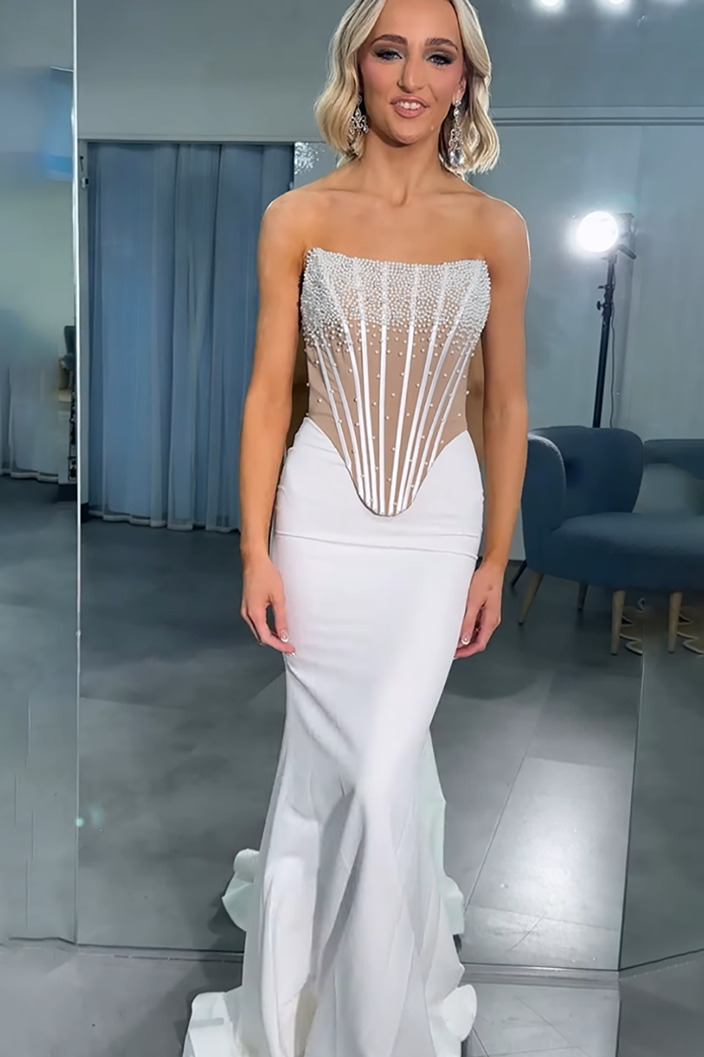 Sparkly Simple White Corset Mermaid Beaded Strapless Long Prom Dress