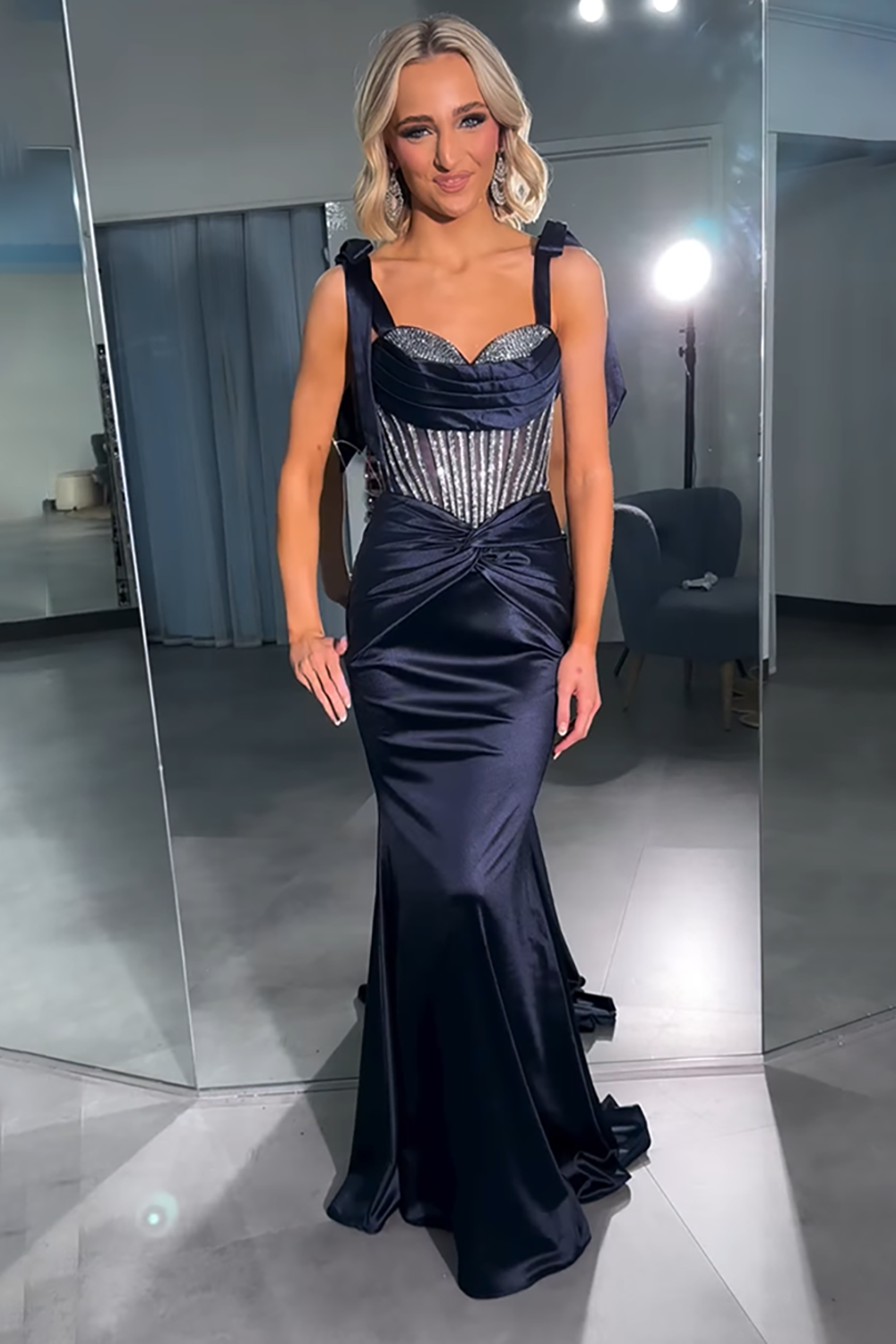 Sparkly Navy Mermaid Corset Beaded Satin Long Prom Dress with Sash
