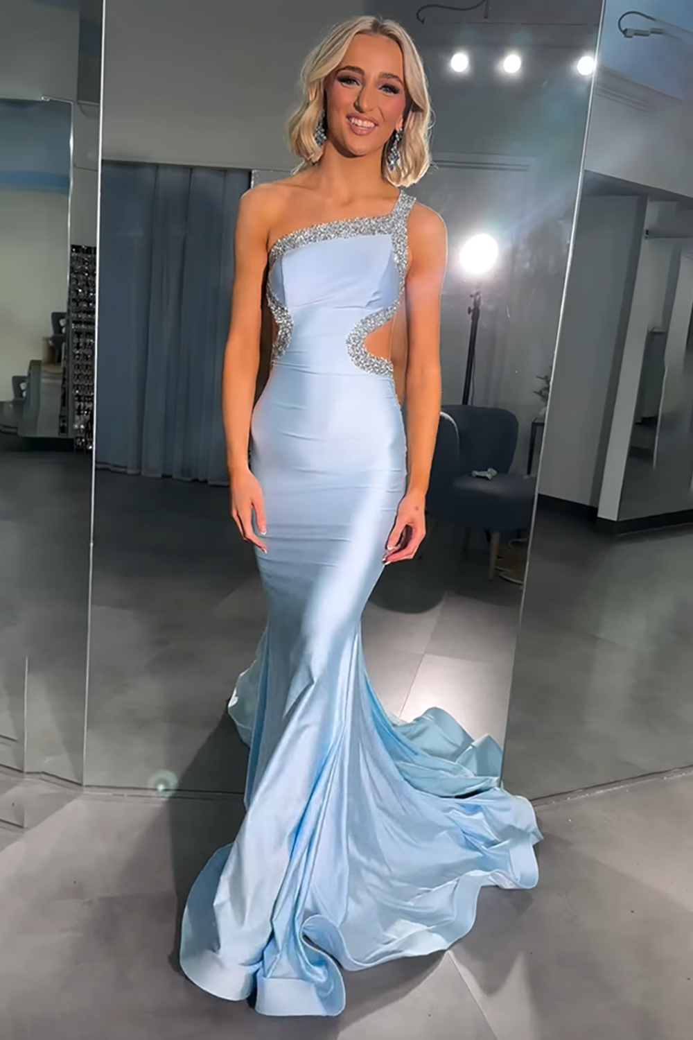 Sparkly Satin Light Blue One Shoulder Cut Out Mermaid Long Prom Dress