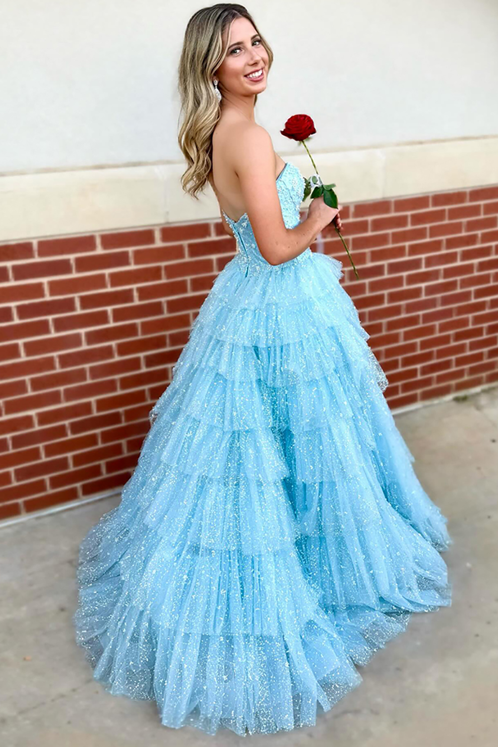 Sparkly White Ball Gown Ruffled Corset Long Prom Dress with Beading