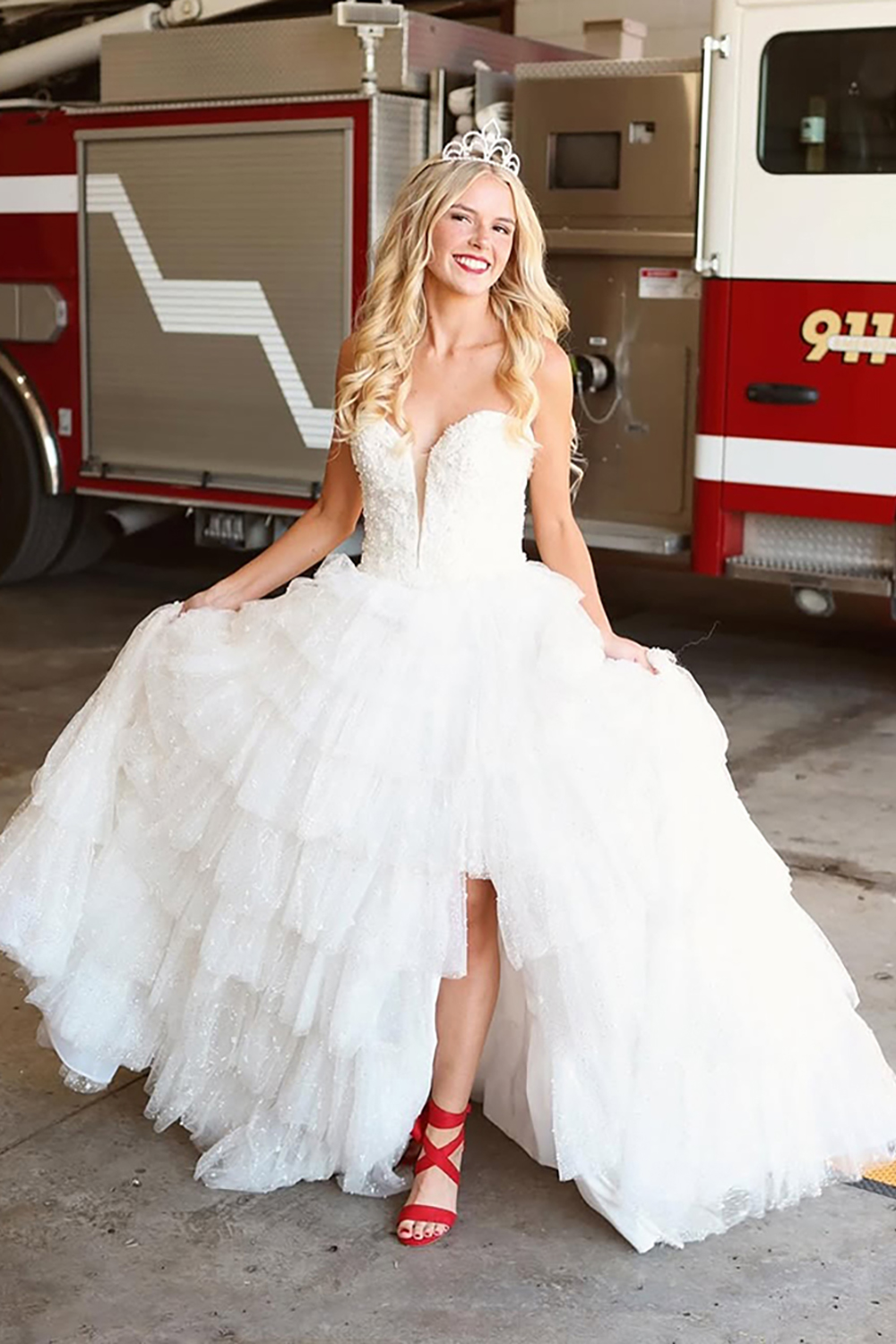 Sparkly White Ball Gown Ruffled Corset Long Prom Dress with Beading