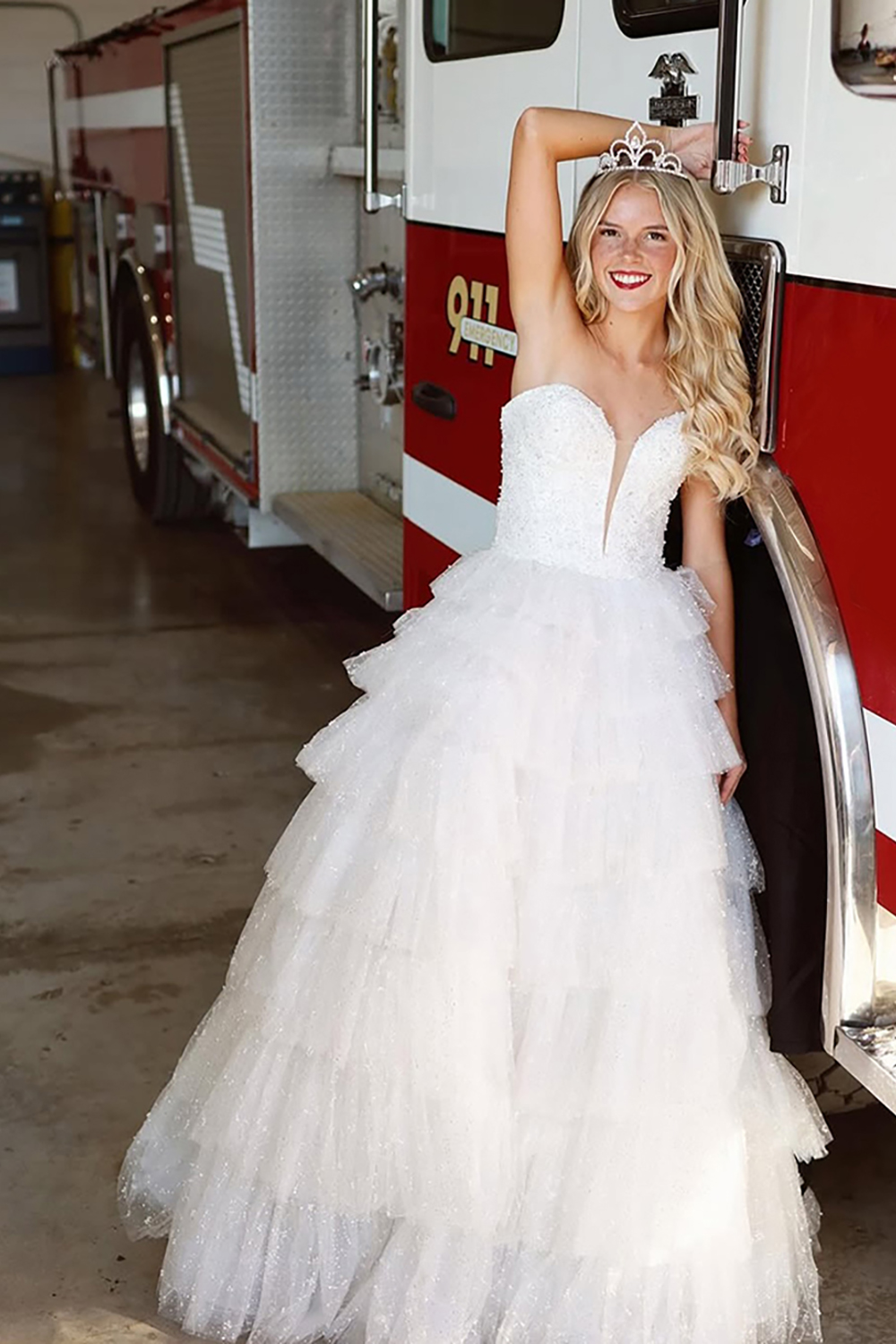 Sparkly White Ball Gown Ruffled Corset Long Prom Dress with Beading