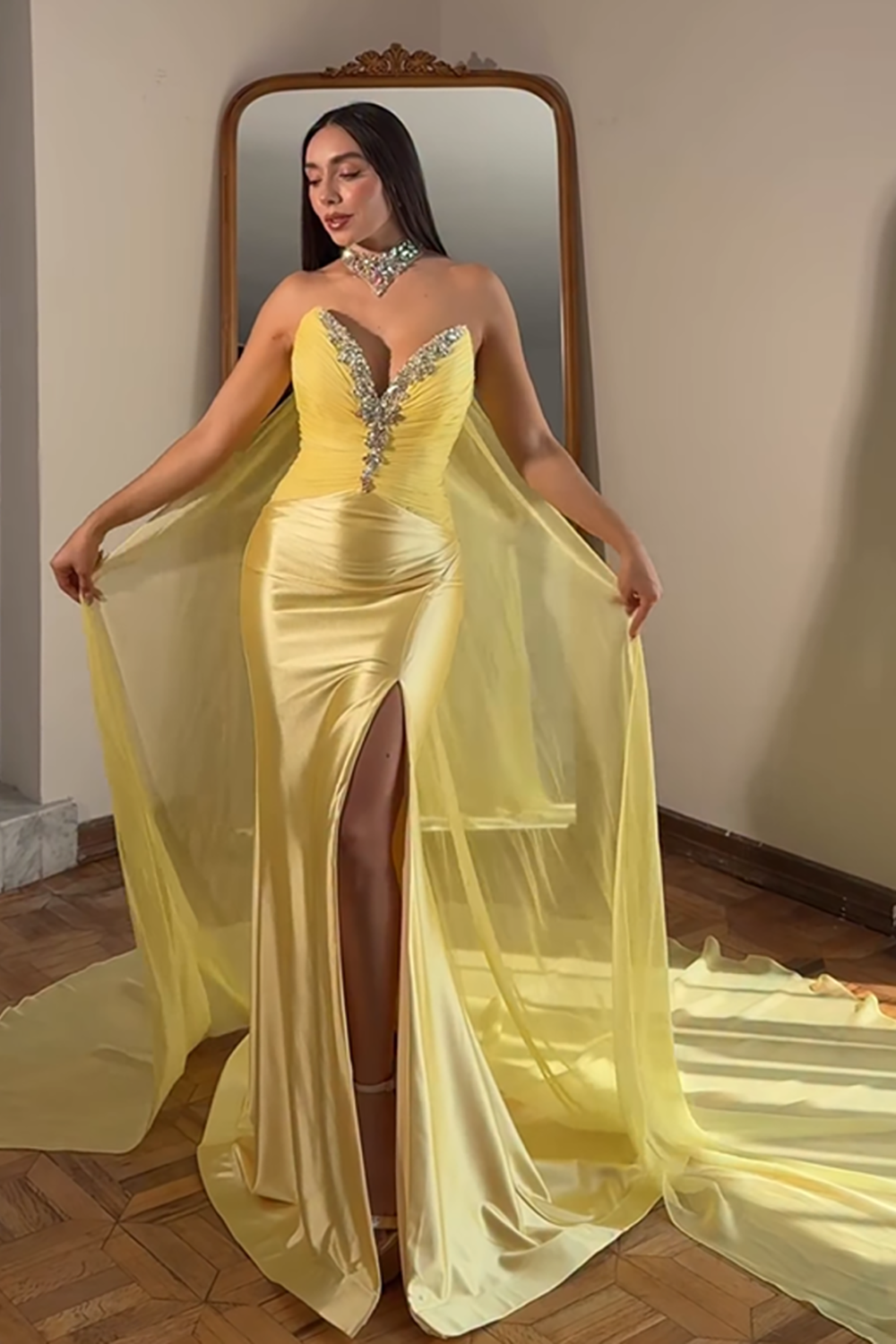 Sparkly Gold Satin Mermaid Beaded Long Prom Dress with Cape
