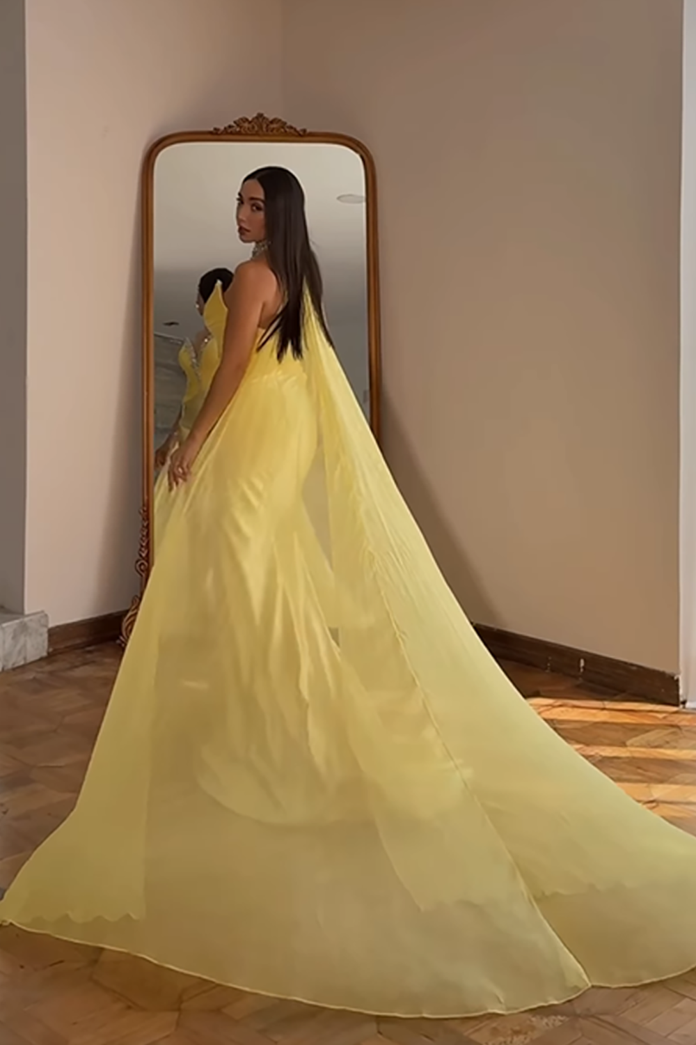Sparkly Gold Satin Mermaid Beaded Long Prom Dress with Cape
