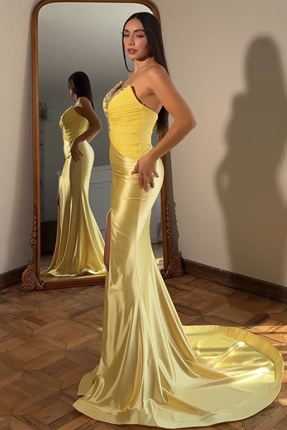 Sparkly Gold Satin Mermaid Beaded Long Prom Dress with Cape